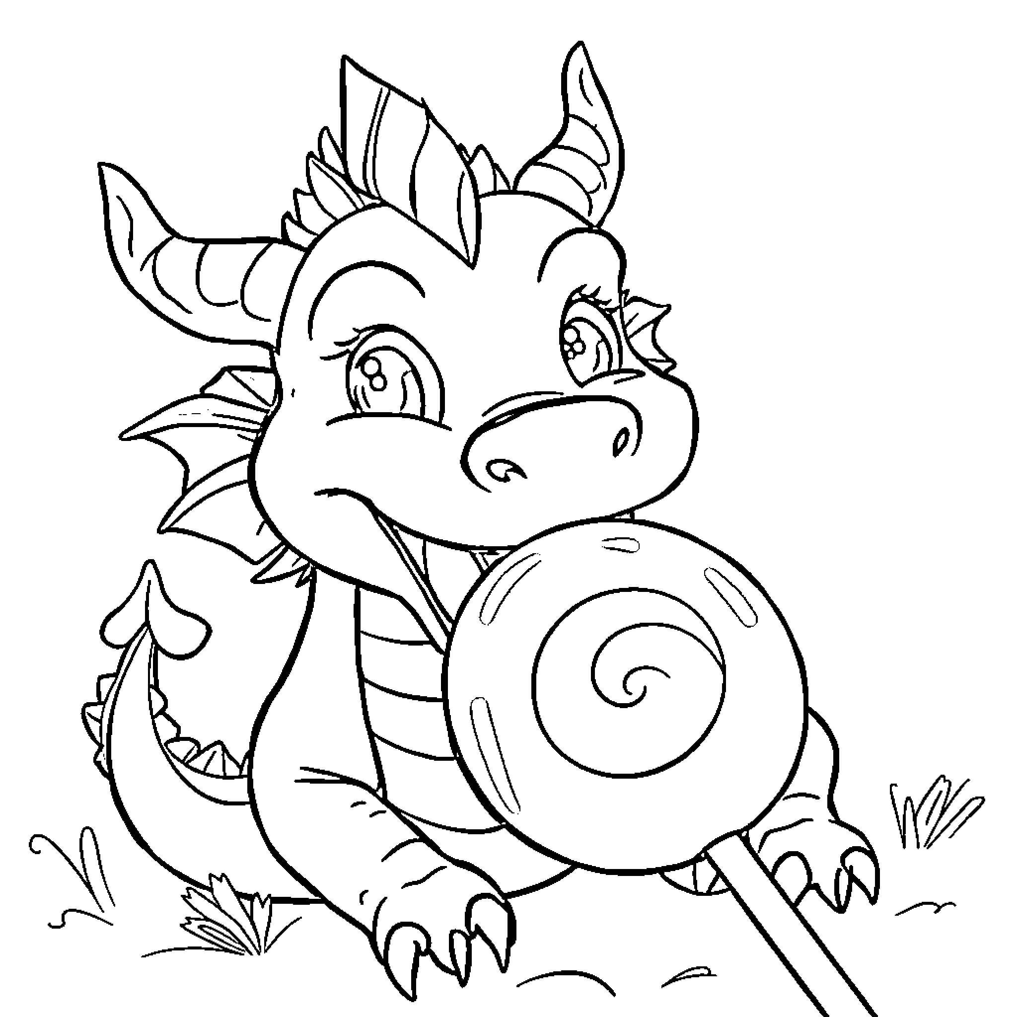 Dragon character with playful expression Coloring Page (free black-and-white line drawing printable PDF for all, from beginners to advanced learners, including children, teens, adults, and seniors)