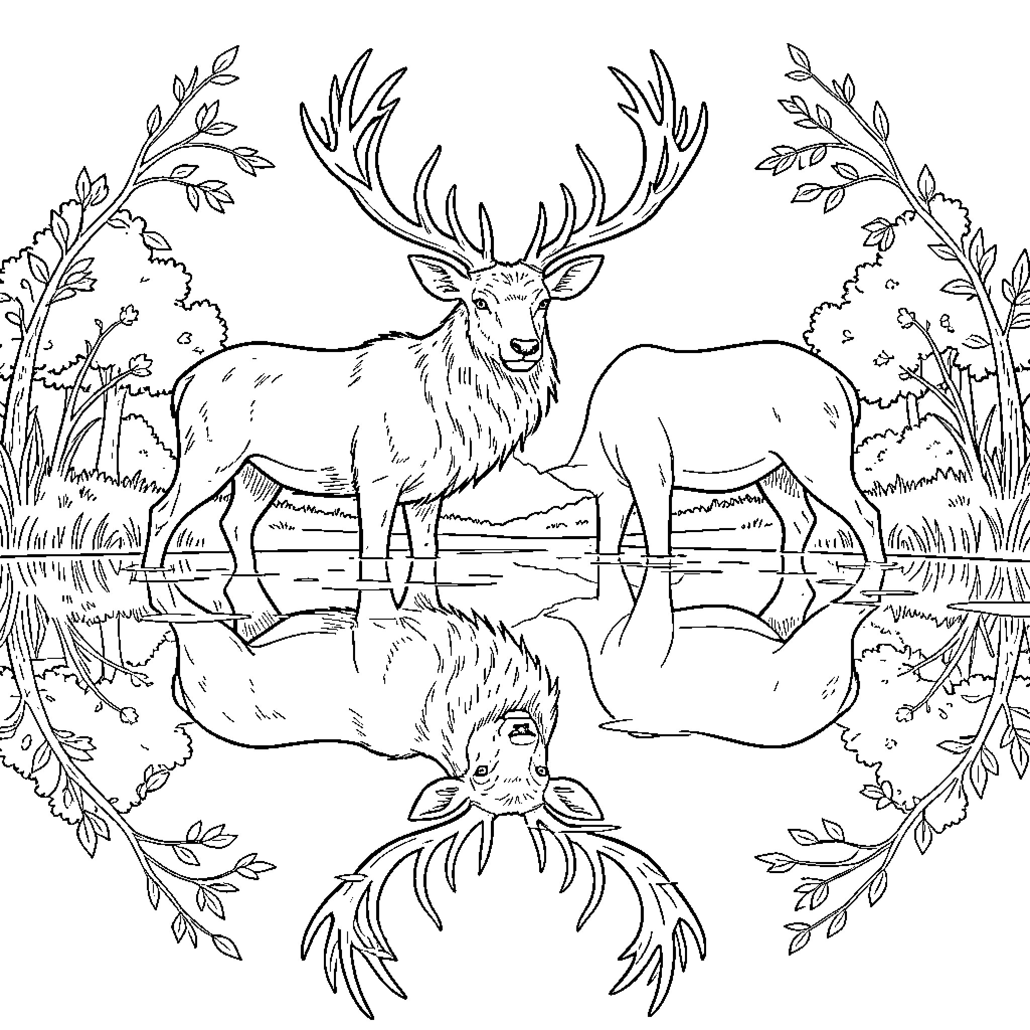 Stag standing in a tranquil forest pond Coloring Page (free black-and-white line drawing printable PDF for all, from beginners to advanced learners, including children, teens, adults, and seniors)