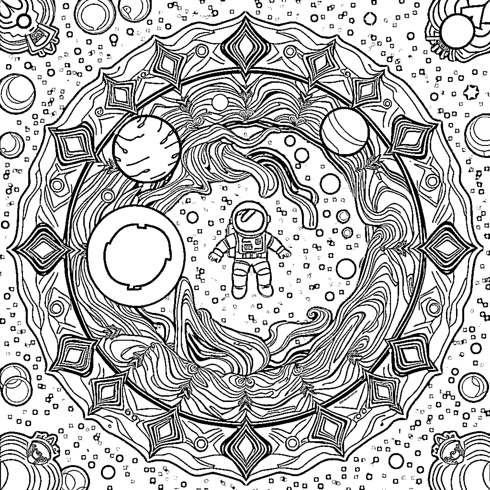 Mandala of Cosmic Adventure Coloring Page (free black-and-white line drawing printable PDF for all, from beginners to advanced learners, including children, teens, adults, and seniors)