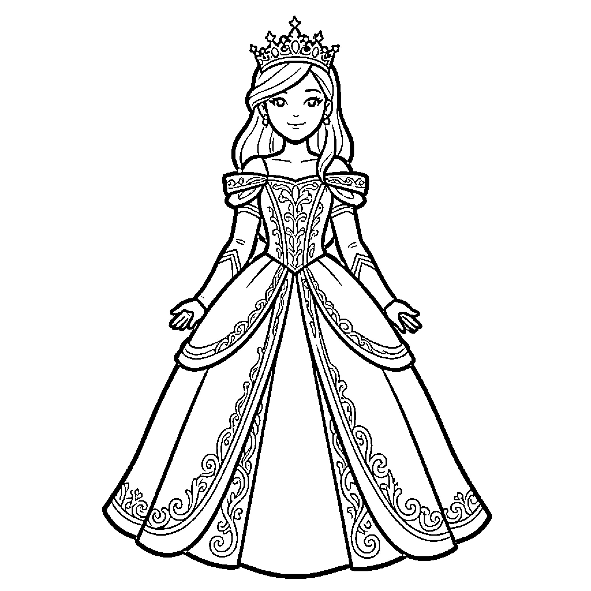 Princess in Ornate Dress and Crown Coloring Page (free black-and-white line drawing printable PDF for all, from beginners to advanced learners, including children, teens, adults, and seniors)