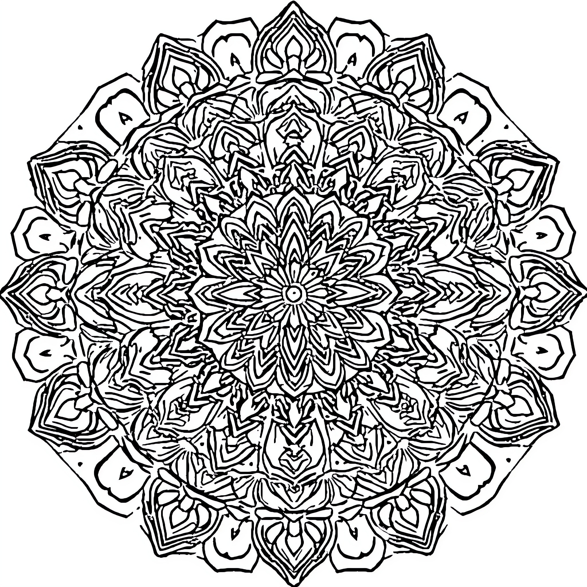 Mandala of intricate symmetrical patterns Coloring Page (free black-and-white line drawing printable PDF for all, from beginners to advanced learners, including children, teens, adults, and seniors)