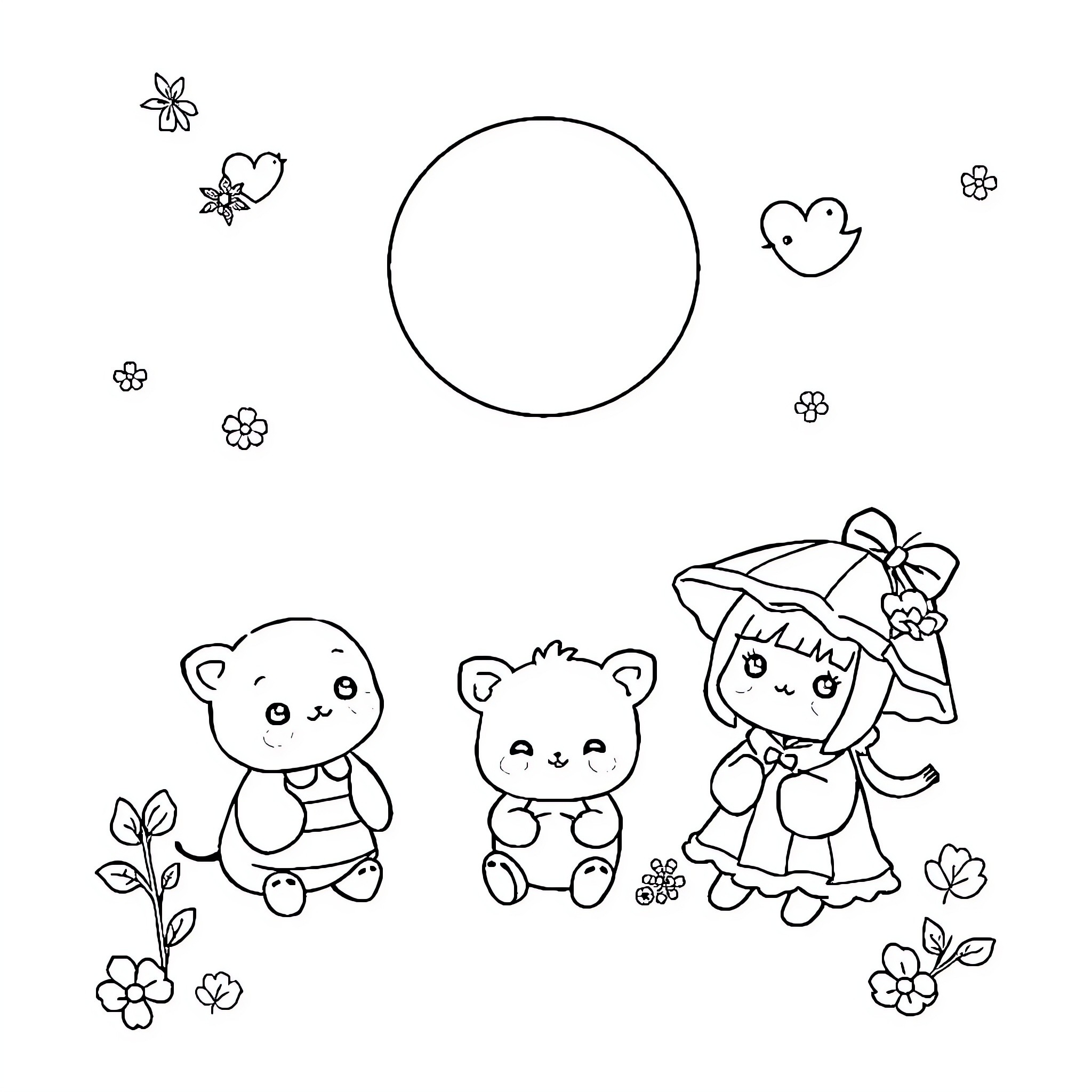 Print Cartoon Characters in Playful Poses Coloring Page (free black-and-white line drawing printable PDF for all, from beginners to advanced learners, including children, teens, adults, and seniors)