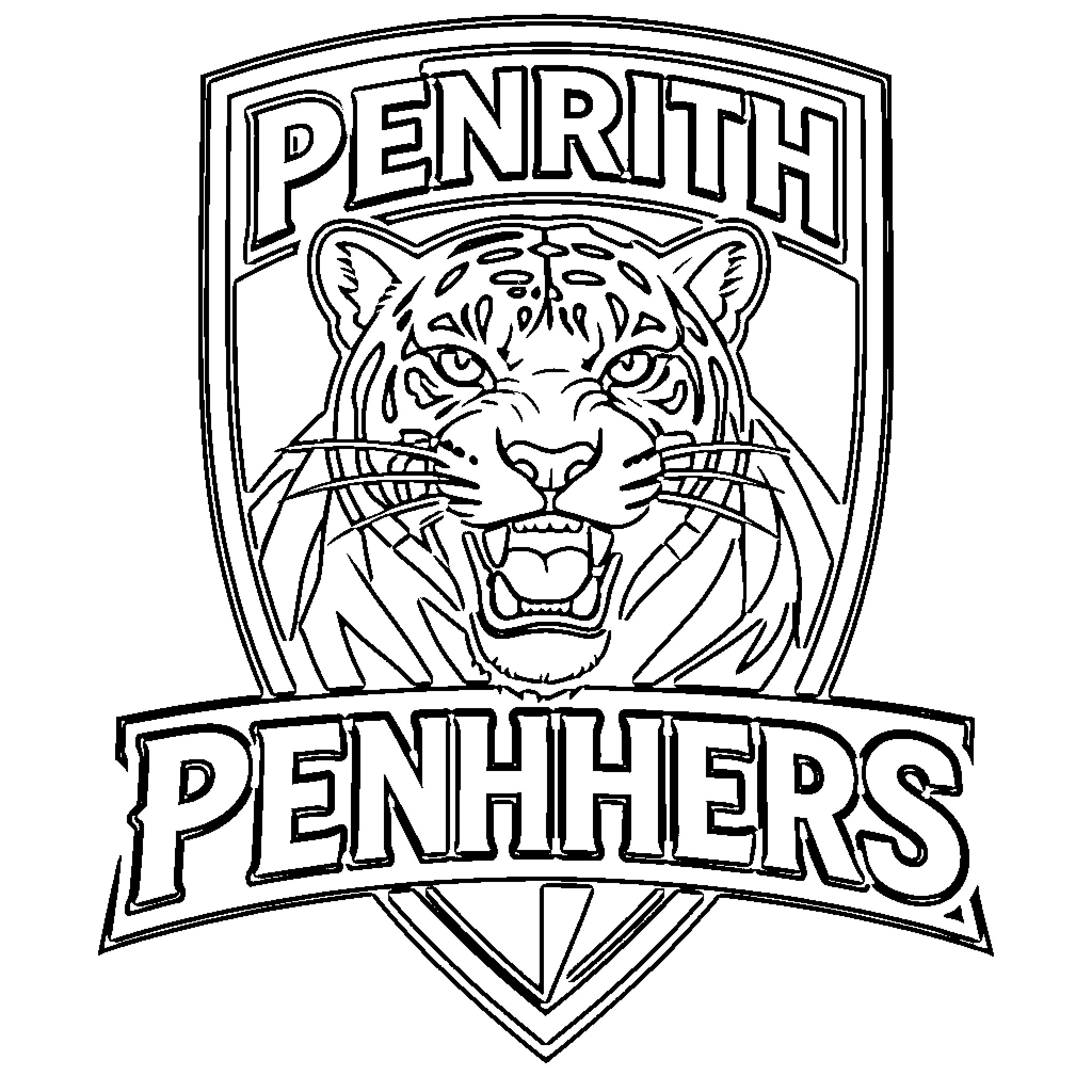 Penrith Panthers logo featuring a fierce roaring panther head Coloring Page (free black-and-white line drawing printable PDF for all, from beginners to advanced learners, including children, teens, adults, and seniors)