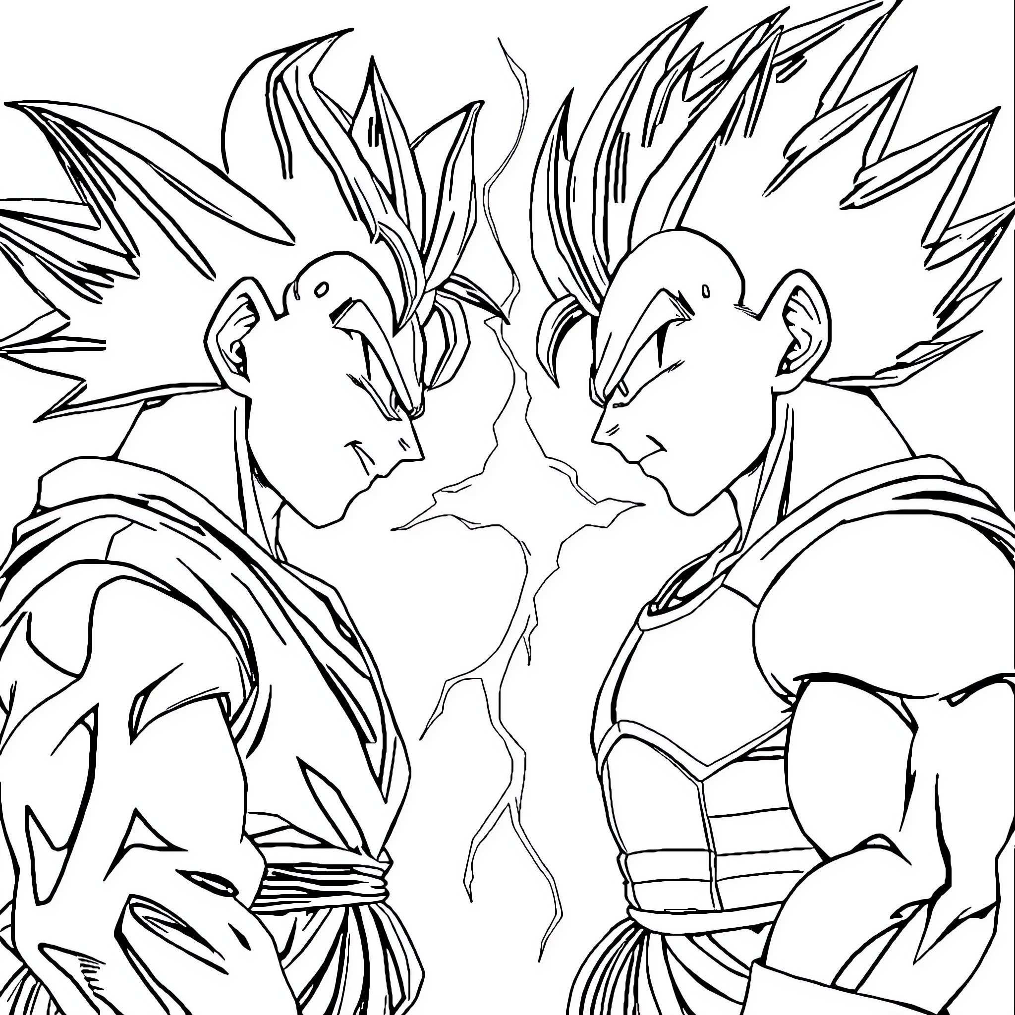 Goku and Vegeta's Intense Battle Coloring Page (free black-and-white line drawing printable PDF for all, from beginners to advanced learners, including children, teens, adults, and seniors)