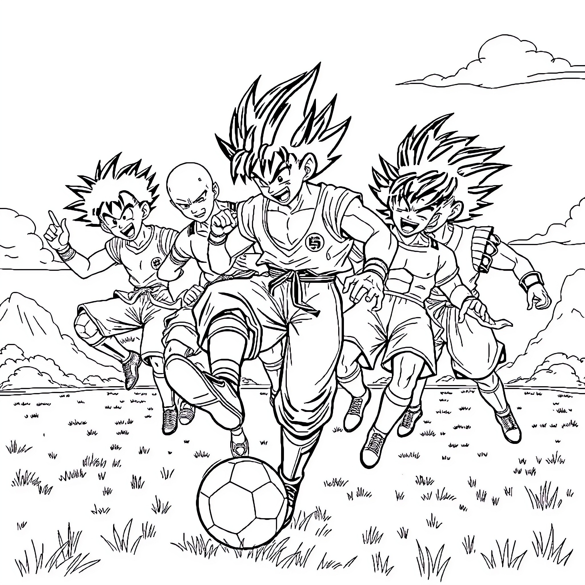 Dragon Ball Characters Kicking a Soccer Ball Coloring Page (free black-and-white line drawing printable PDF for all, from beginners to advanced learners, including children, teens, adults, and seniors)