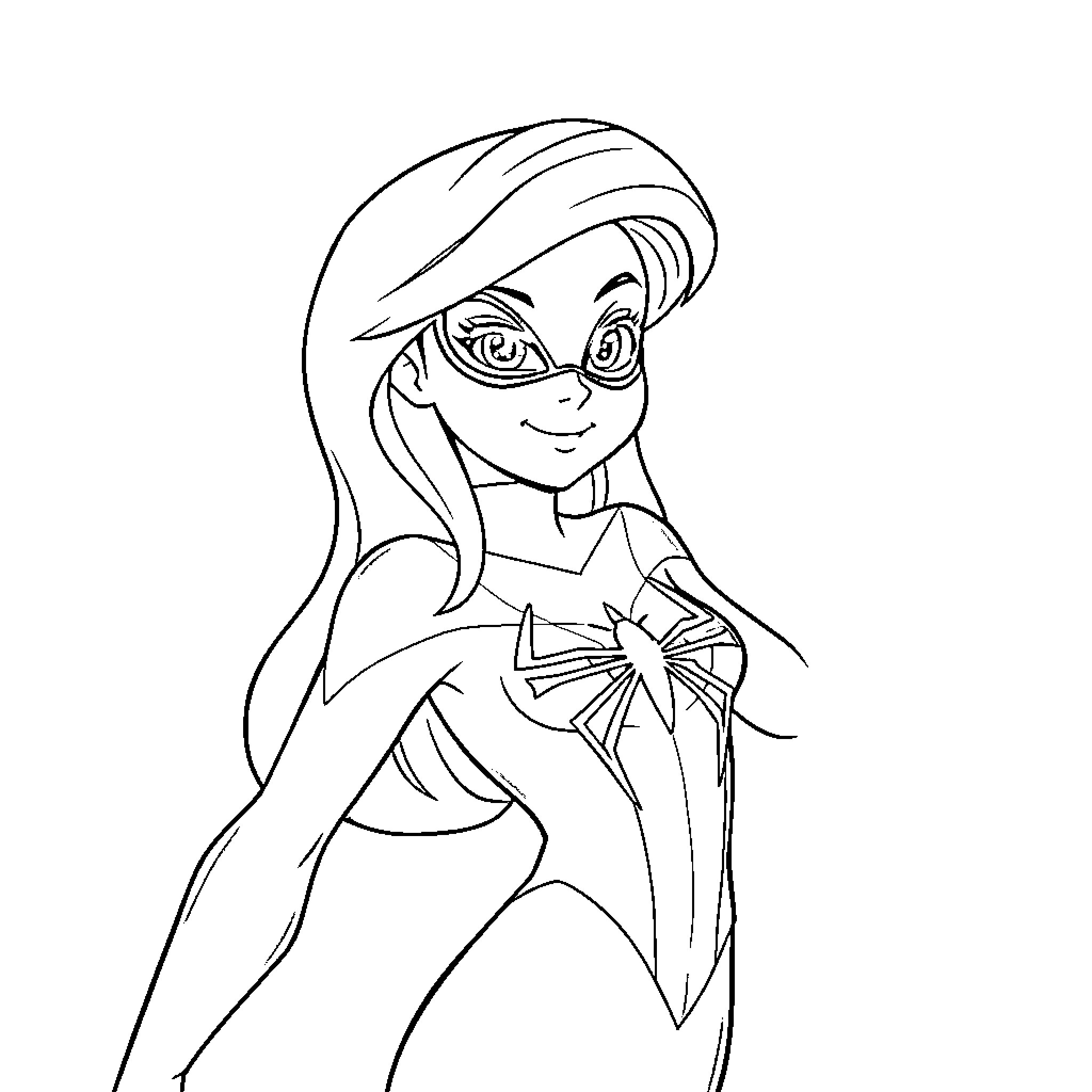 Ariel in heroic pose with star symbol Coloring Page (free black-and-white line drawing printable PDF for all, from beginners to advanced learners, including children, teens, adults, and seniors)
