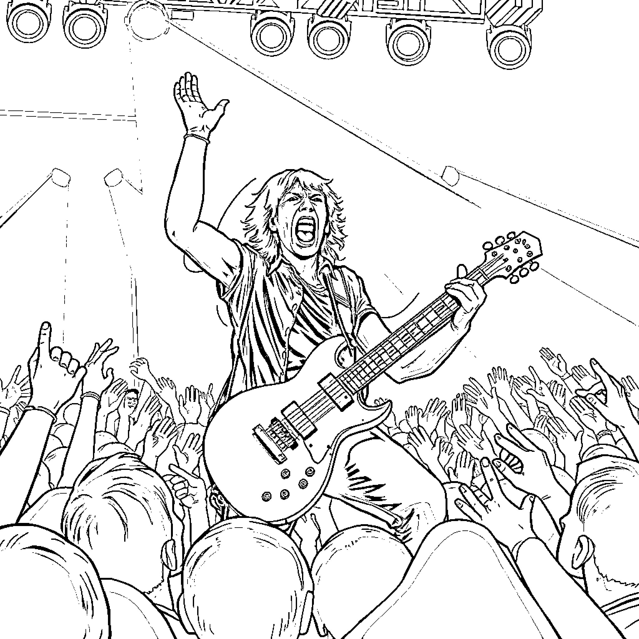 Angus Young's energetic rock performance with guitar Coloring Page (free black-and-white line drawing printable PDF for all, from beginners to advanced learners, including children, teens, adults, and seniors)