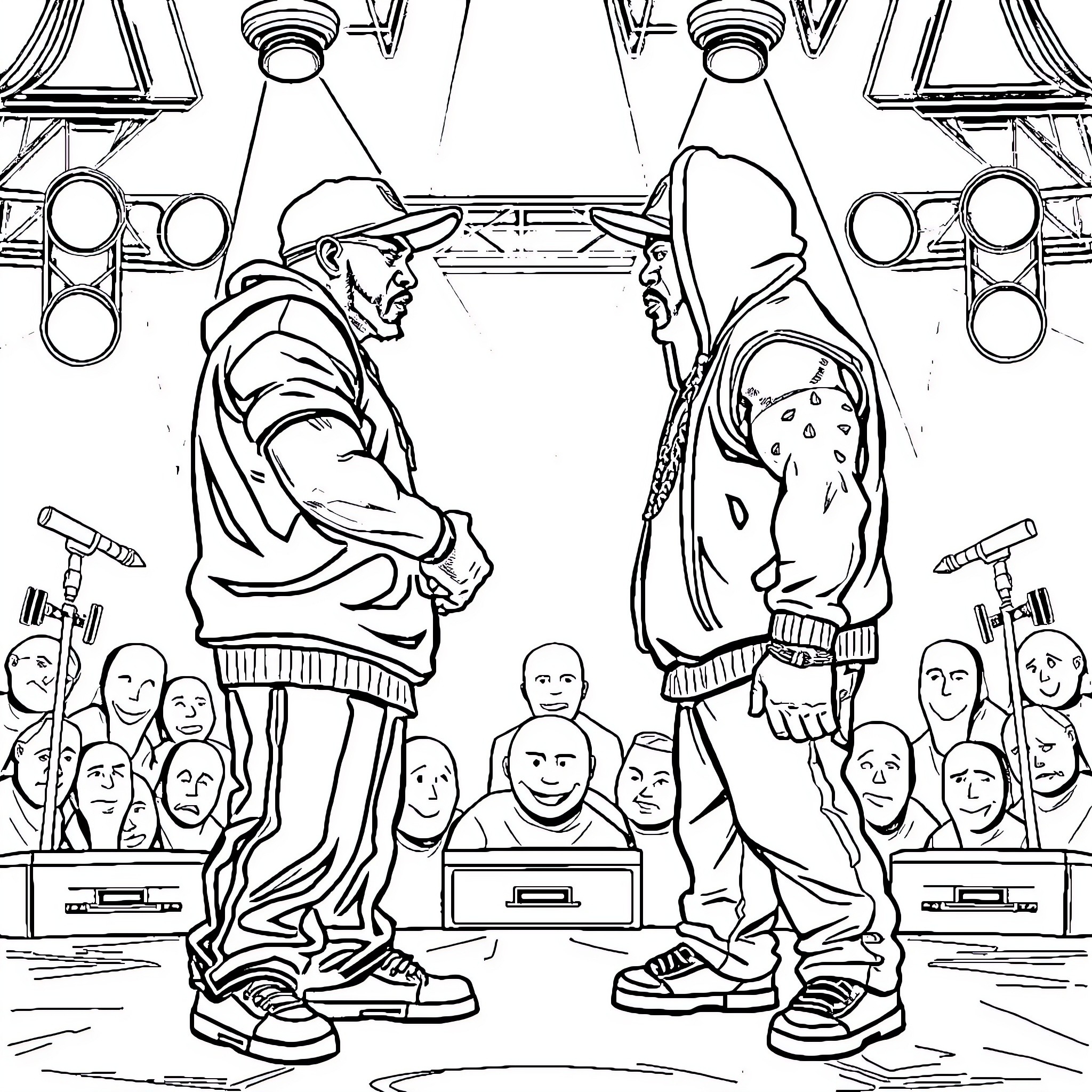 Booba: Two men debating in front of a crowd Coloring Page (free black-and-white line drawing printable PDF for all, from beginners to advanced learners, including children, teens, adults, and seniors)