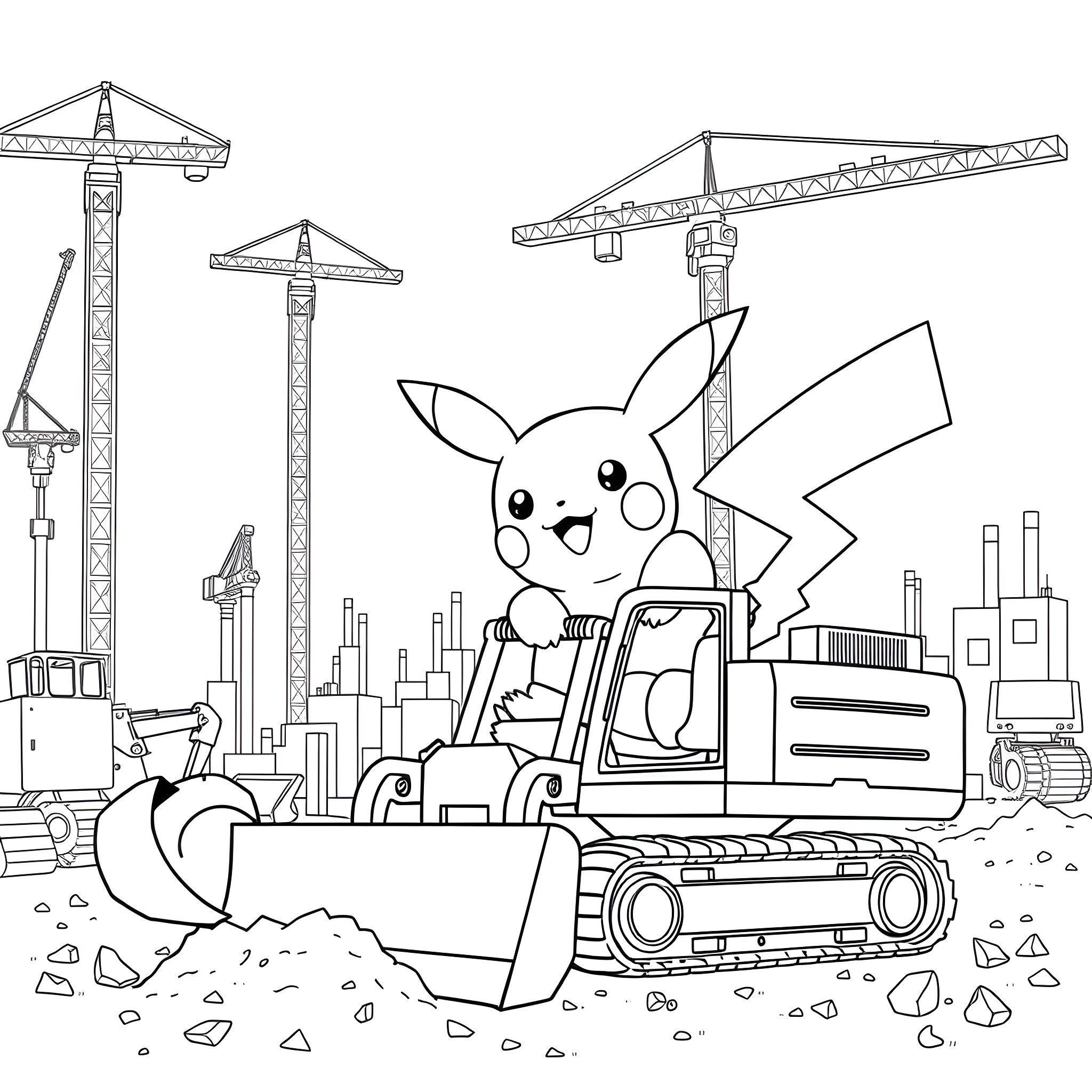 Pikachu working as a construction worker with cranes Coloring Page (free black-and-white line drawing printable PDF for all, from beginners to advanced learners, including children, teens, adults, and seniors)