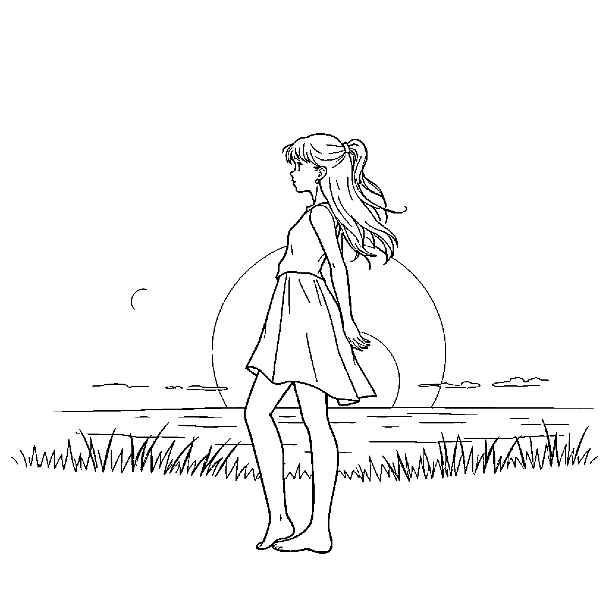 Girl enjoying a peaceful day outdoors Coloring Page (free black-and-white line drawing printable PDF for all, from beginners to advanced learners, including children, teens, adults, and seniors)