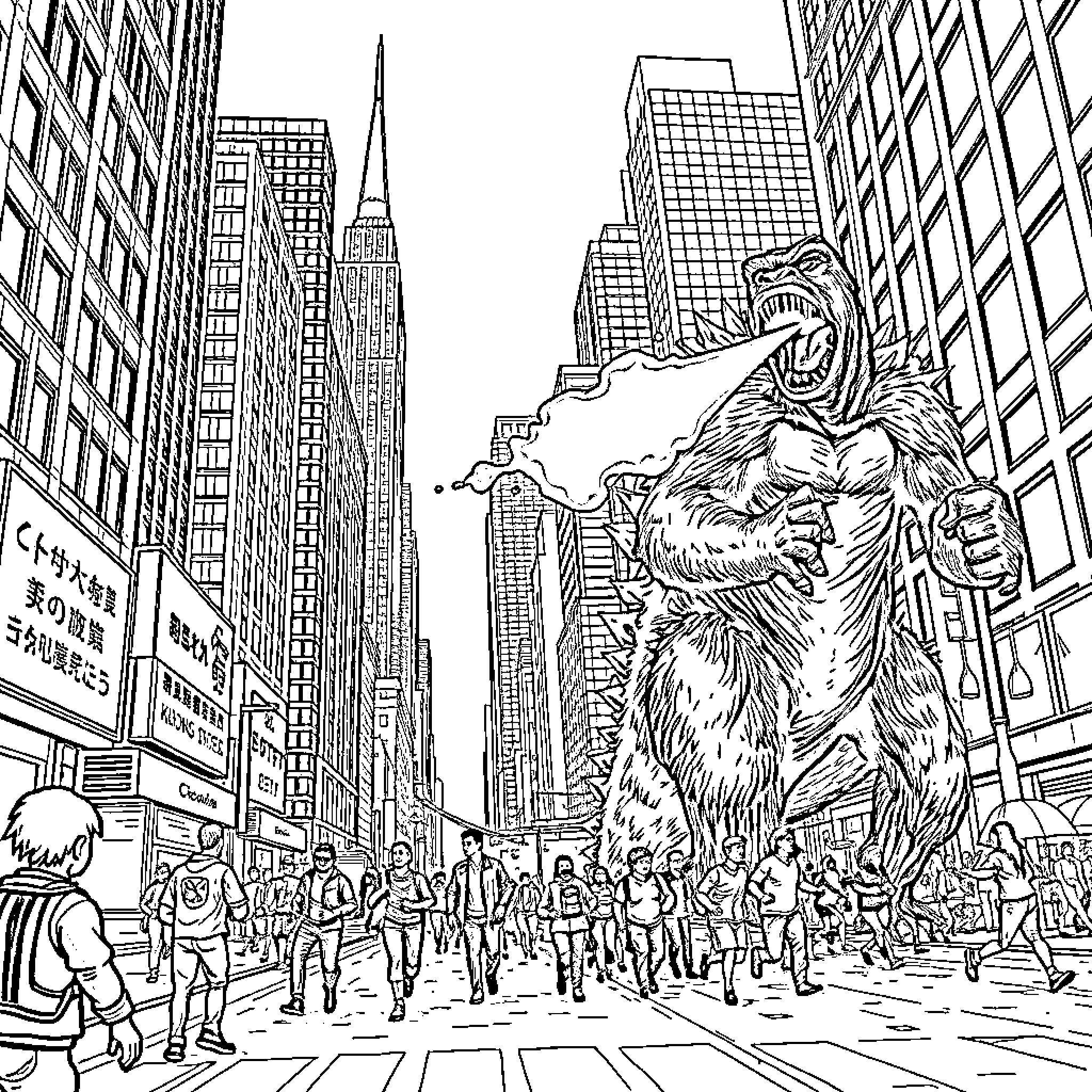 Godzilla terrorizes the bustling city streets Coloring Page (free black-and-white line drawing printable PDF for all, from beginners to advanced learners, including children, teens, adults, and seniors)