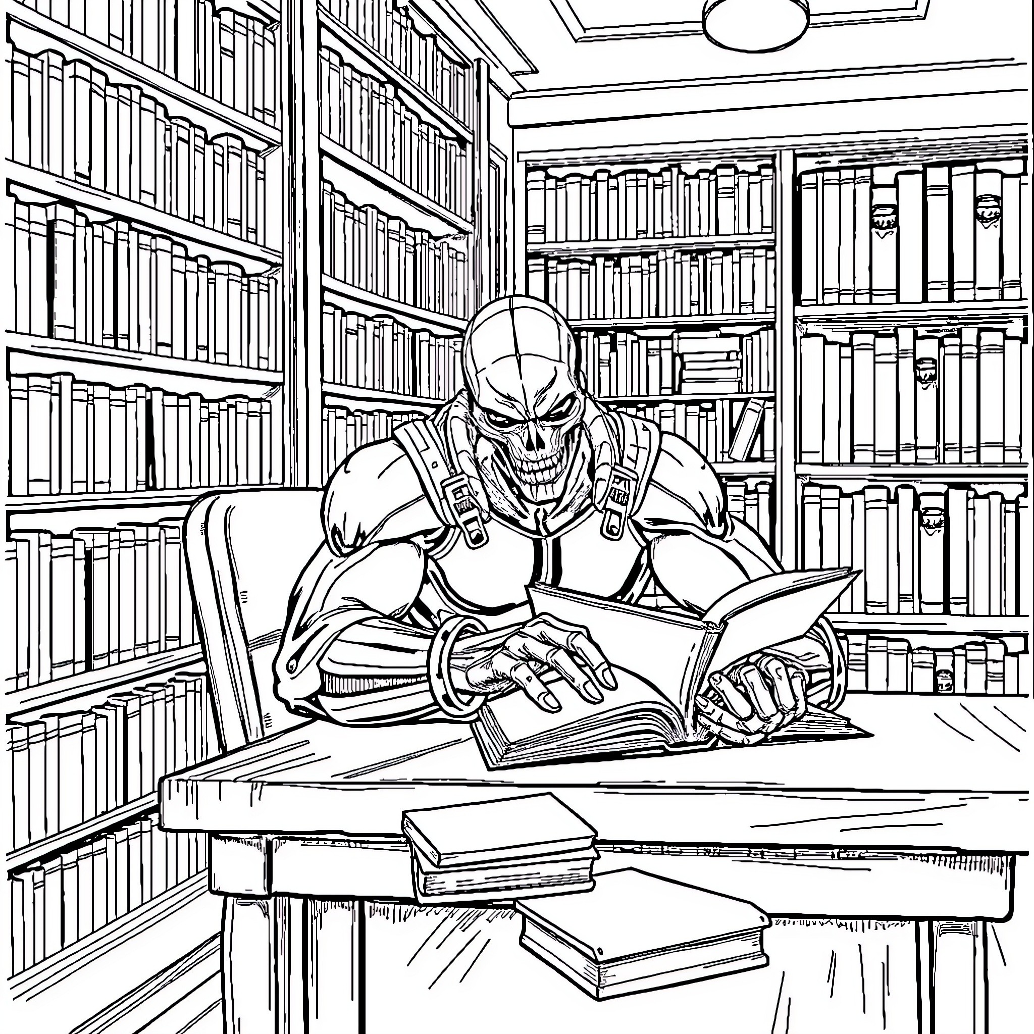 Deathlok reading intently in the library Coloring Page (free black-and-white line drawing printable PDF for all, from beginners to advanced learners, including children, teens, adults, and seniors)