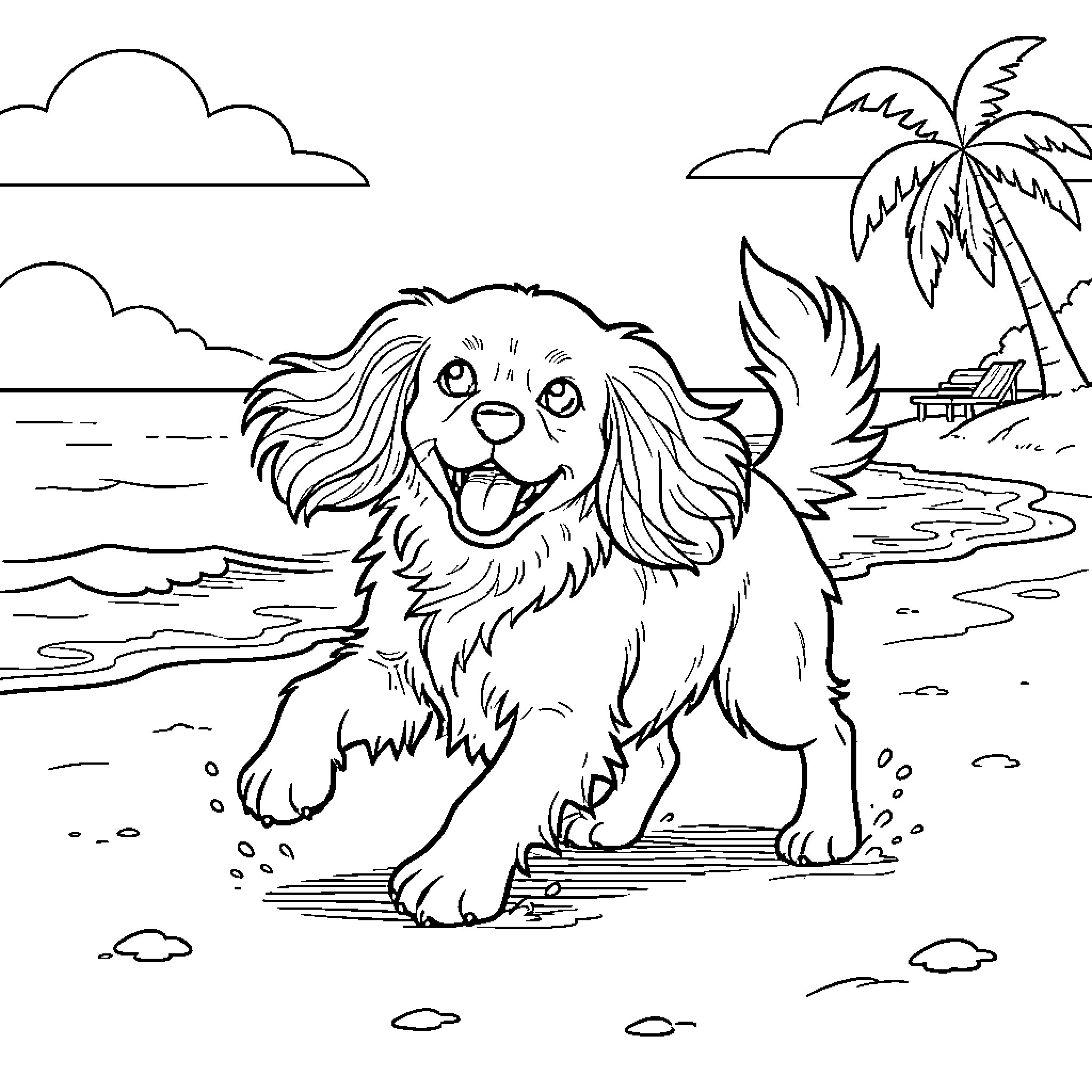 Dog running happily along the sandy beach Coloring Page (free black-and-white line drawing printable PDF for all, from beginners to advanced learners, including children, teens, adults, and seniors)