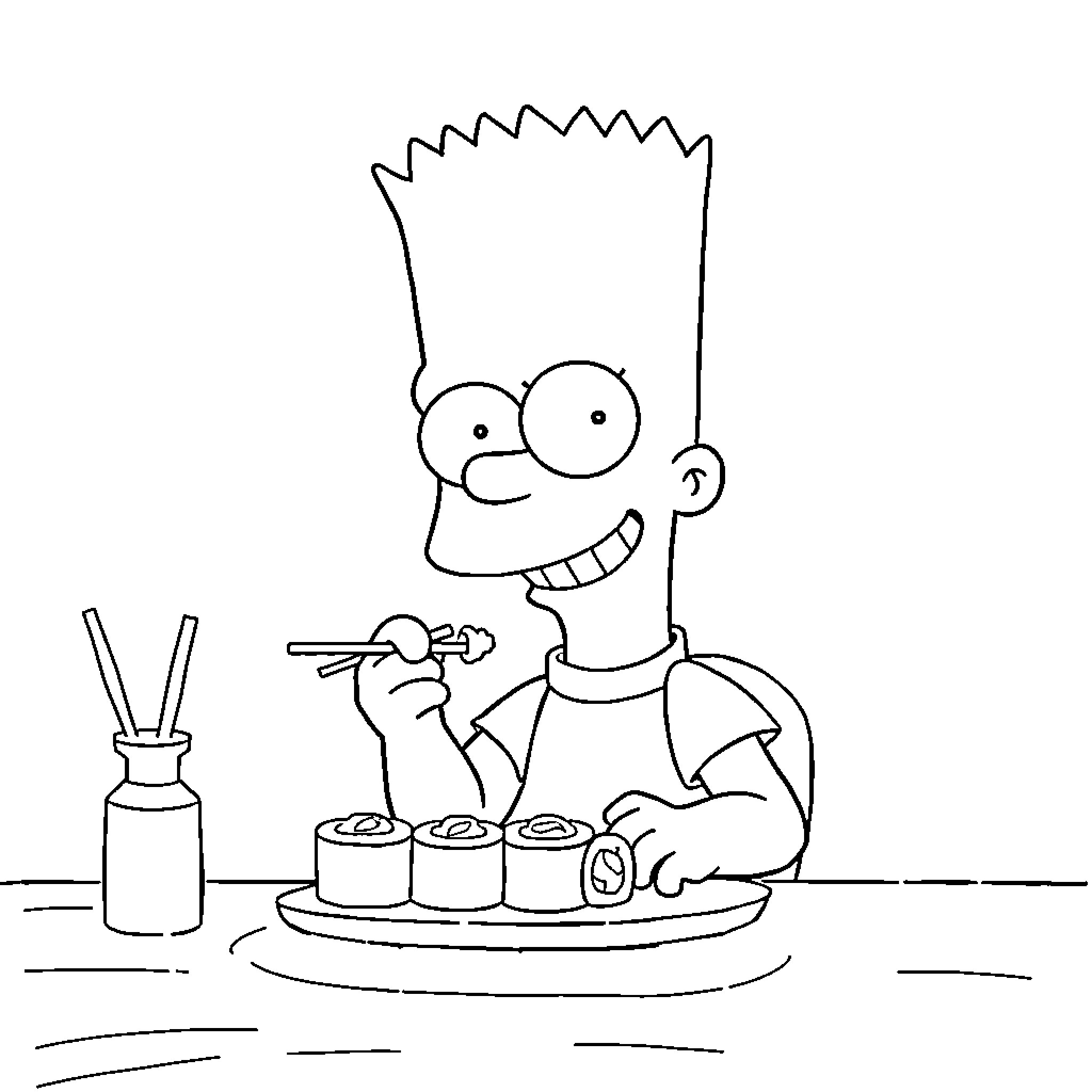 Bart Simpson enjoying sushi meal Coloring Page (free black-and-white line drawing printable PDF for all, from beginners to advanced learners, including children, teens, adults, and seniors)