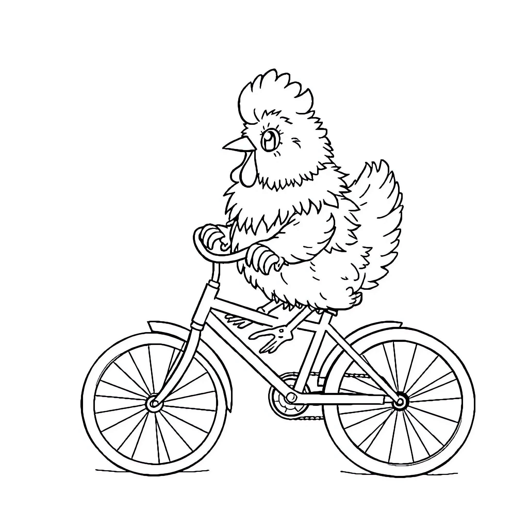 Chicken riding a bicycle Coloring Page (free black-and-white line drawing printable PDF for all, from beginners to advanced learners, including children, teens, adults, and seniors)