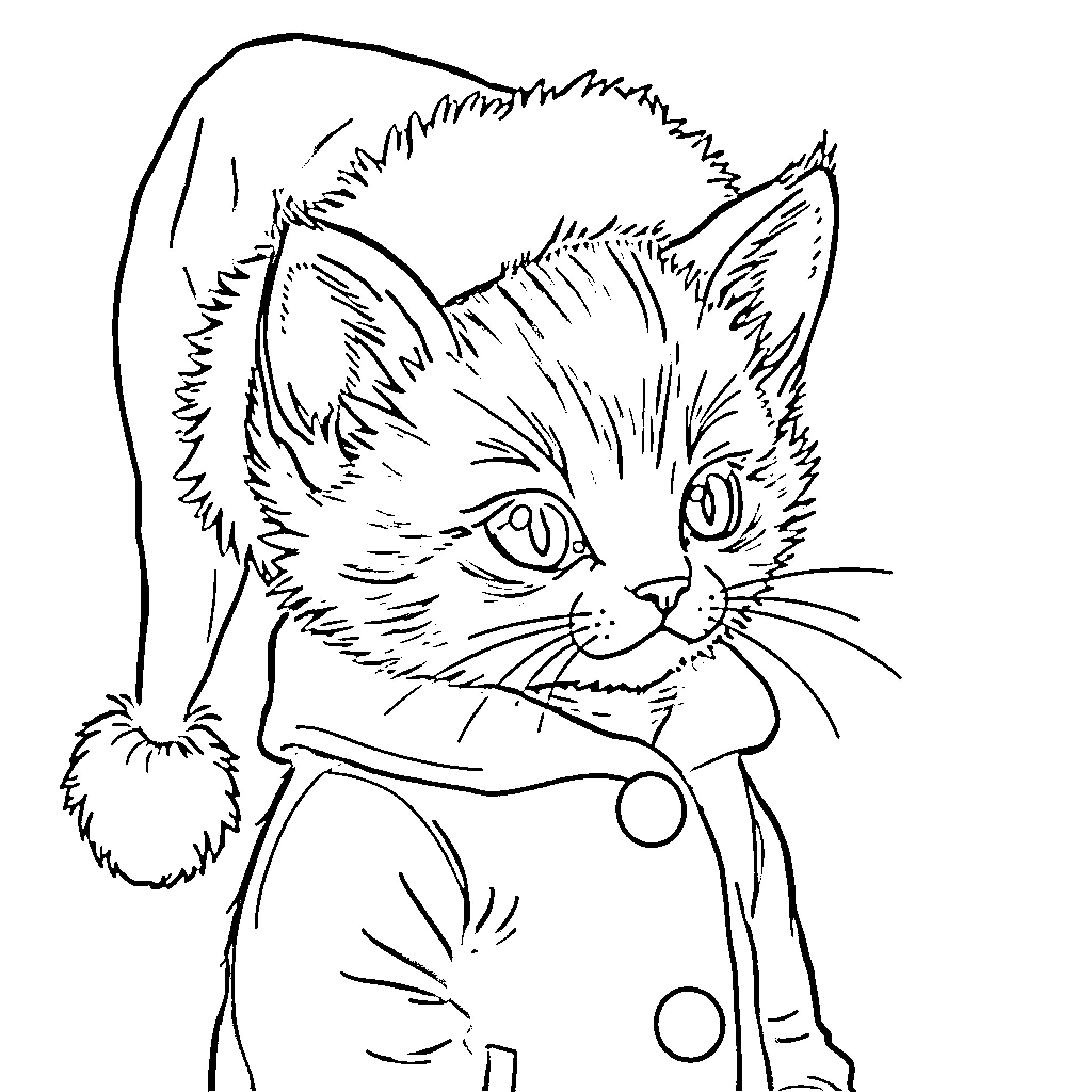 Kitten in a Cozy Outfit Coloring Page (free black-and-white line drawing printable PDF for all, from beginners to advanced learners, including children, teens, adults, and seniors)
