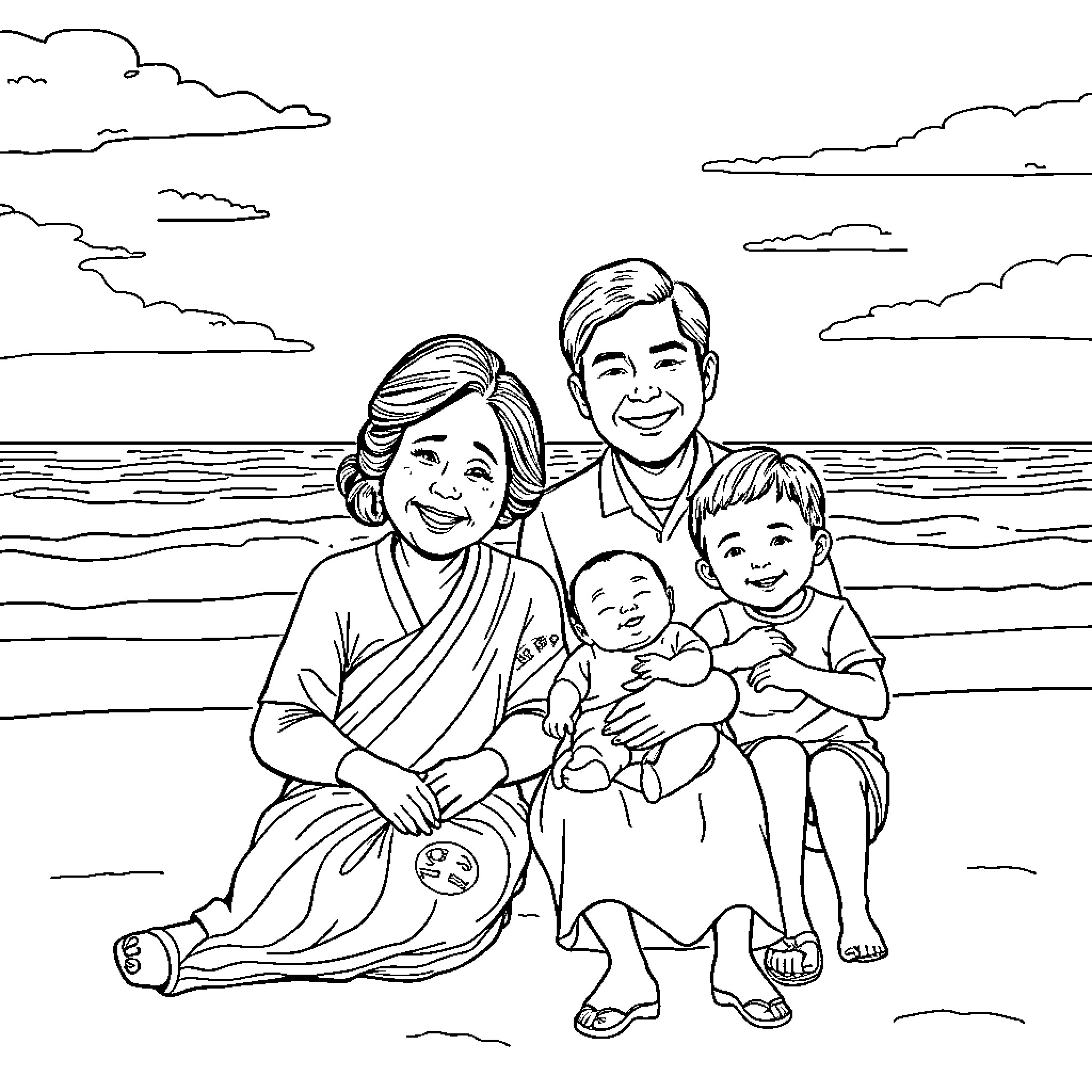 Family Enjoying a Scenic Beach Vacation Coloring Page (free black-and-white line drawing printable PDF for all, from beginners to advanced learners, including children, teens, adults, and seniors)