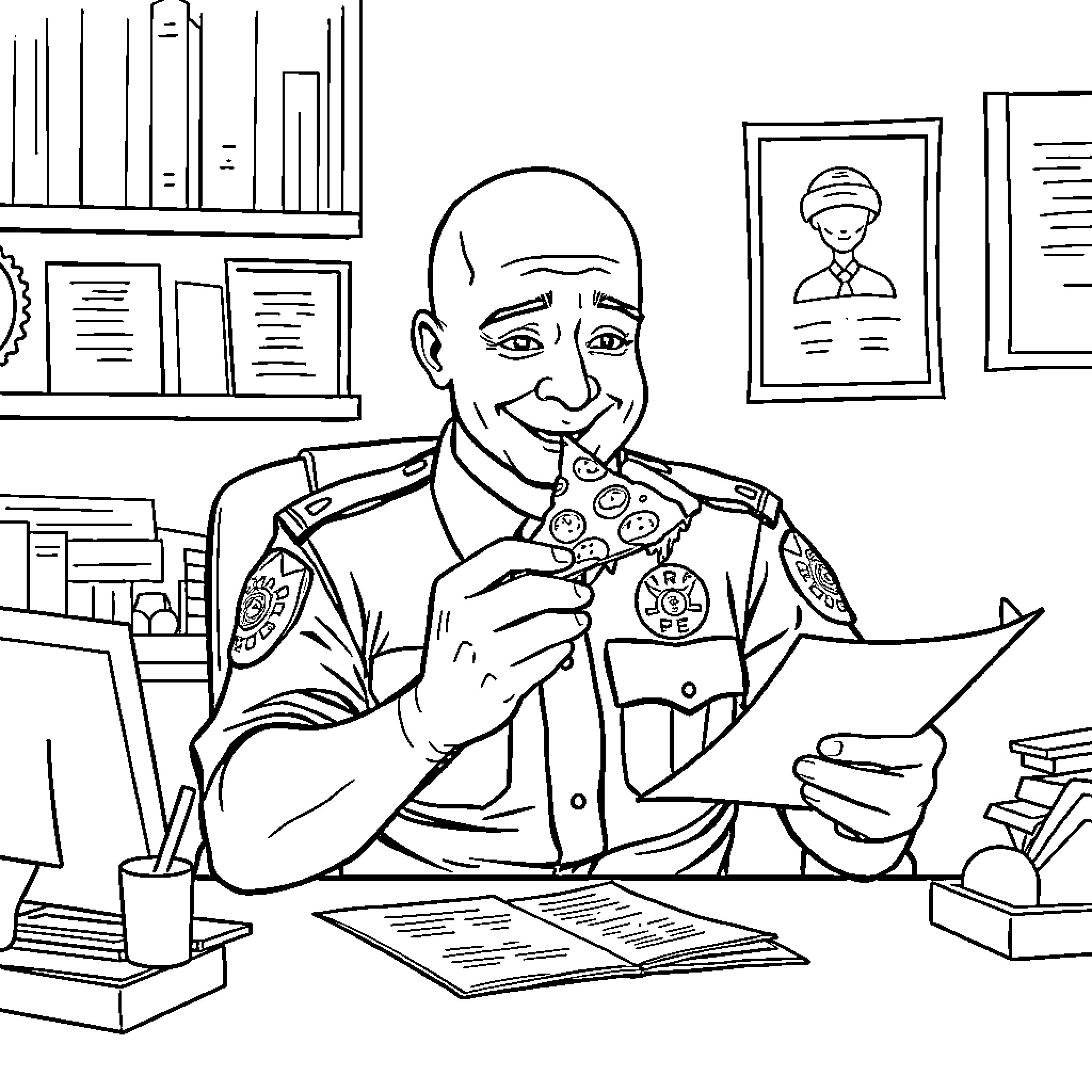 Police Officer Reviewing Documents in Office Coloring Page (free black-and-white line drawing printable PDF for all, from beginners to advanced learners, including children, teens, adults, and seniors)