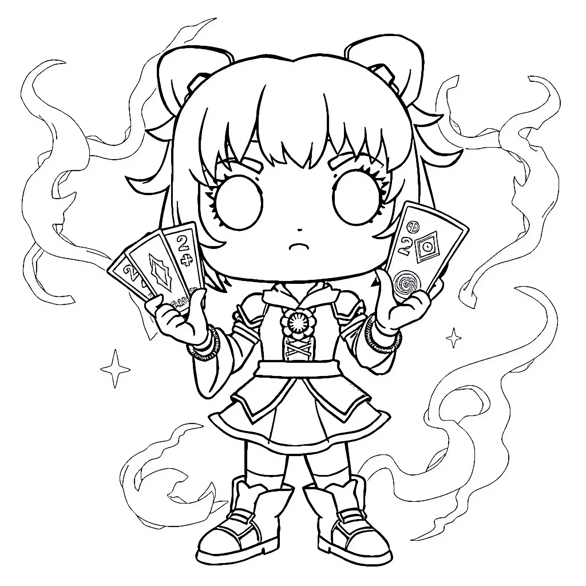 Sakura-themed Anime Girl with Magical Cards Coloring Page (free black-and-white line drawing printable PDF for all, from beginners to advanced learners, including children, teens, adults, and seniors)