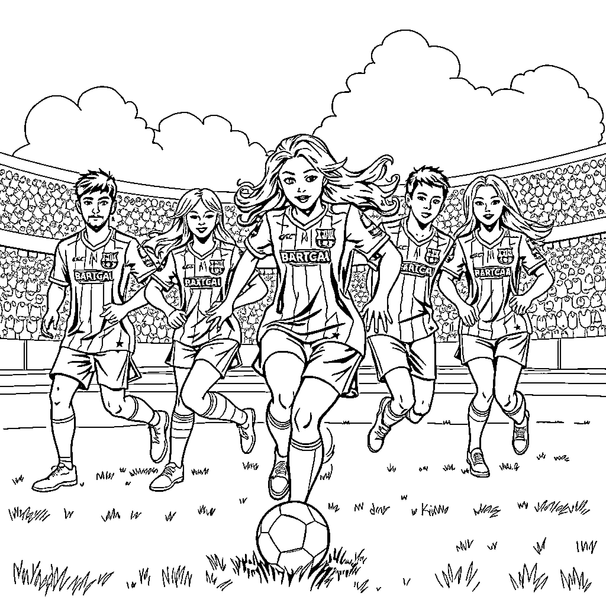 Capybara soccer team celebrating on the field Coloring Page (free black-and-white line drawing printable PDF for all, from beginners to advanced learners, including children, teens, adults, and seniors)