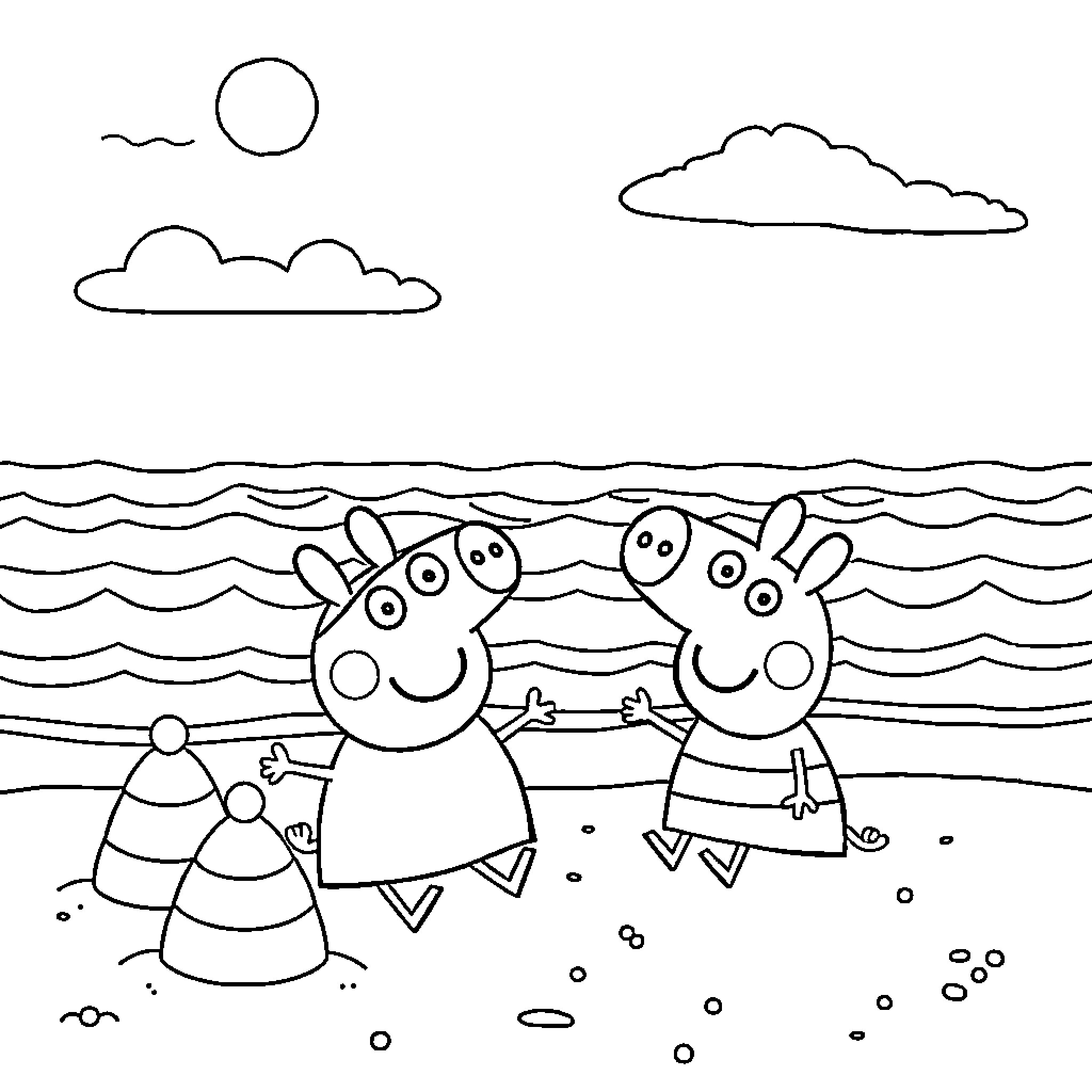 Peppa Pig and friends playing at the beach Coloring Page (free black-and-white line drawing printable PDF for all, from beginners to advanced learners, including children, teens, adults, and seniors)