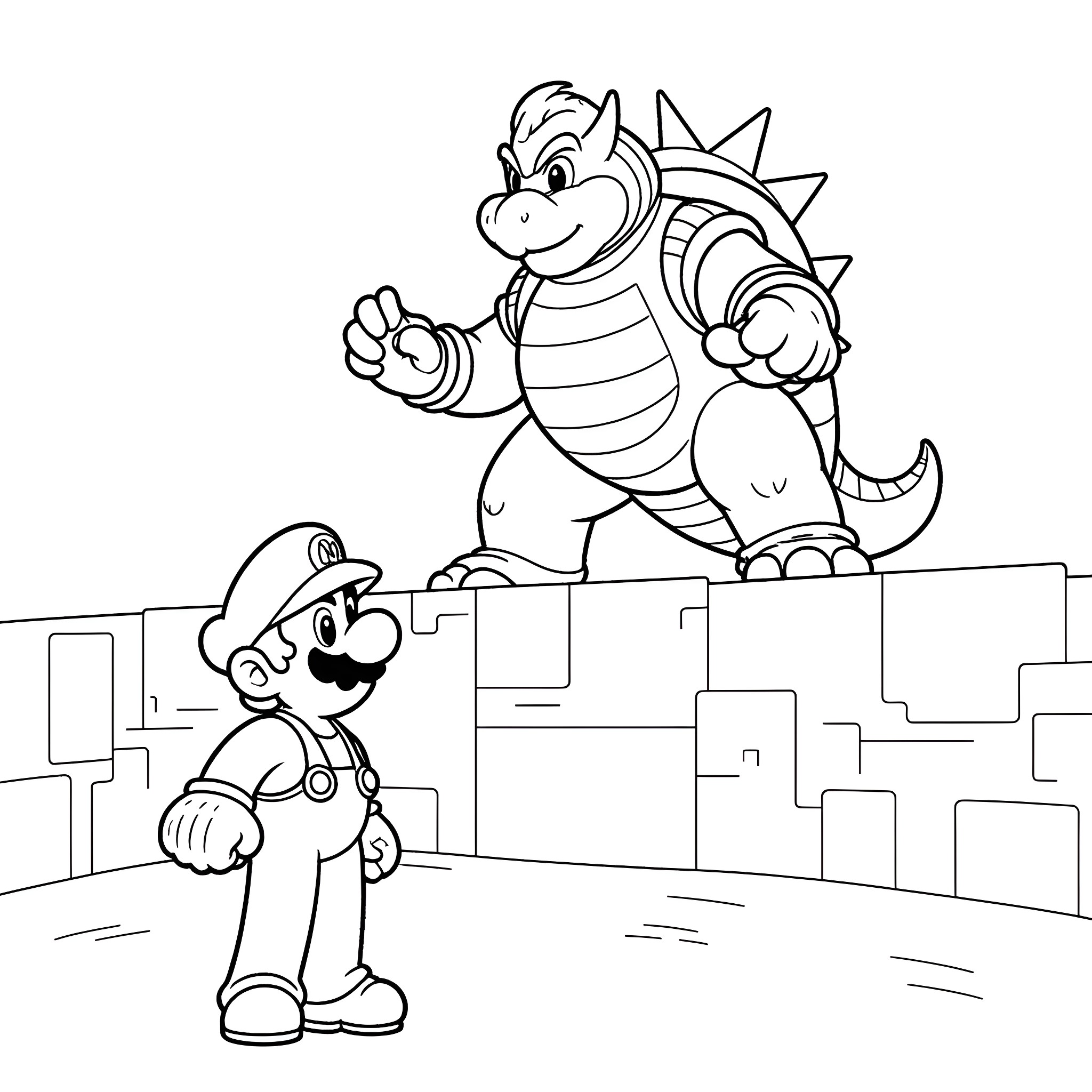 Mario's confrontation with a fearsome foe Coloring Page (free black-and-white line drawing printable PDF for all, from beginners to advanced learners, including children, teens, adults, and seniors)