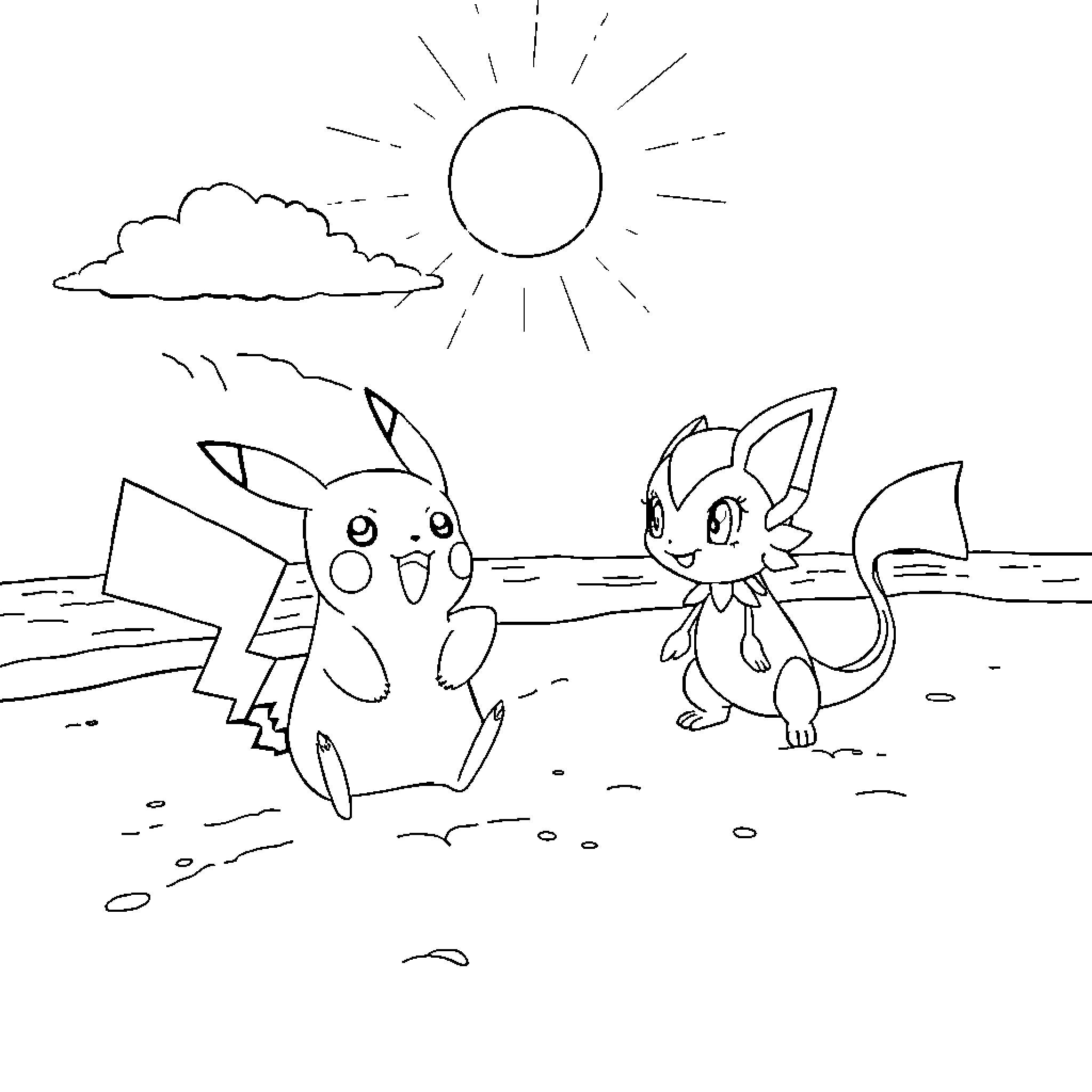 Pokémon playing happily in a sunny outdoor scene Coloring Page (free black-and-white line drawing printable PDF for all, from beginners to advanced learners, including children, teens, adults, and seniors)