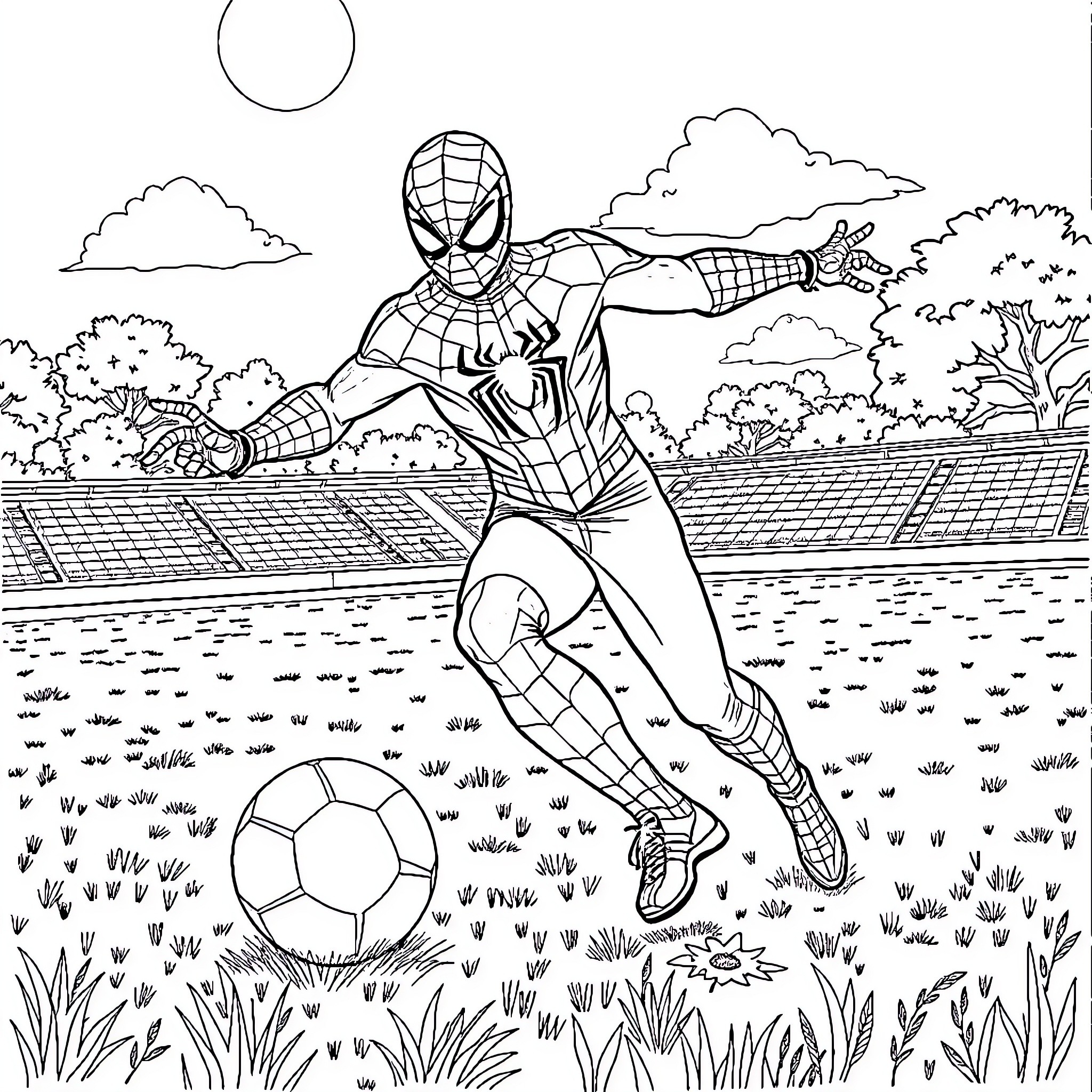 Spiderman kicking a soccer ball in a field Coloring Page (free black-and-white line drawing printable PDF for all, from beginners to advanced learners, including children, teens, adults, and seniors)