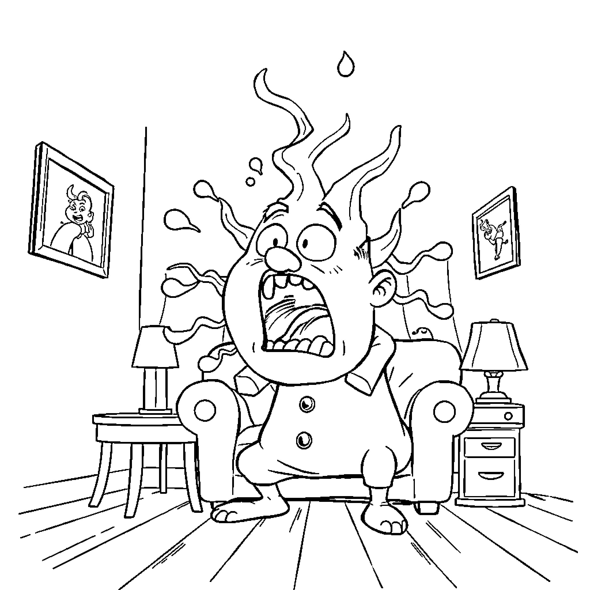 Fart Explosion Surprises Comical Cartoon Character Coloring Page (free black-and-white line drawing printable PDF for all, from beginners to advanced learners, including children, teens, adults, and seniors)