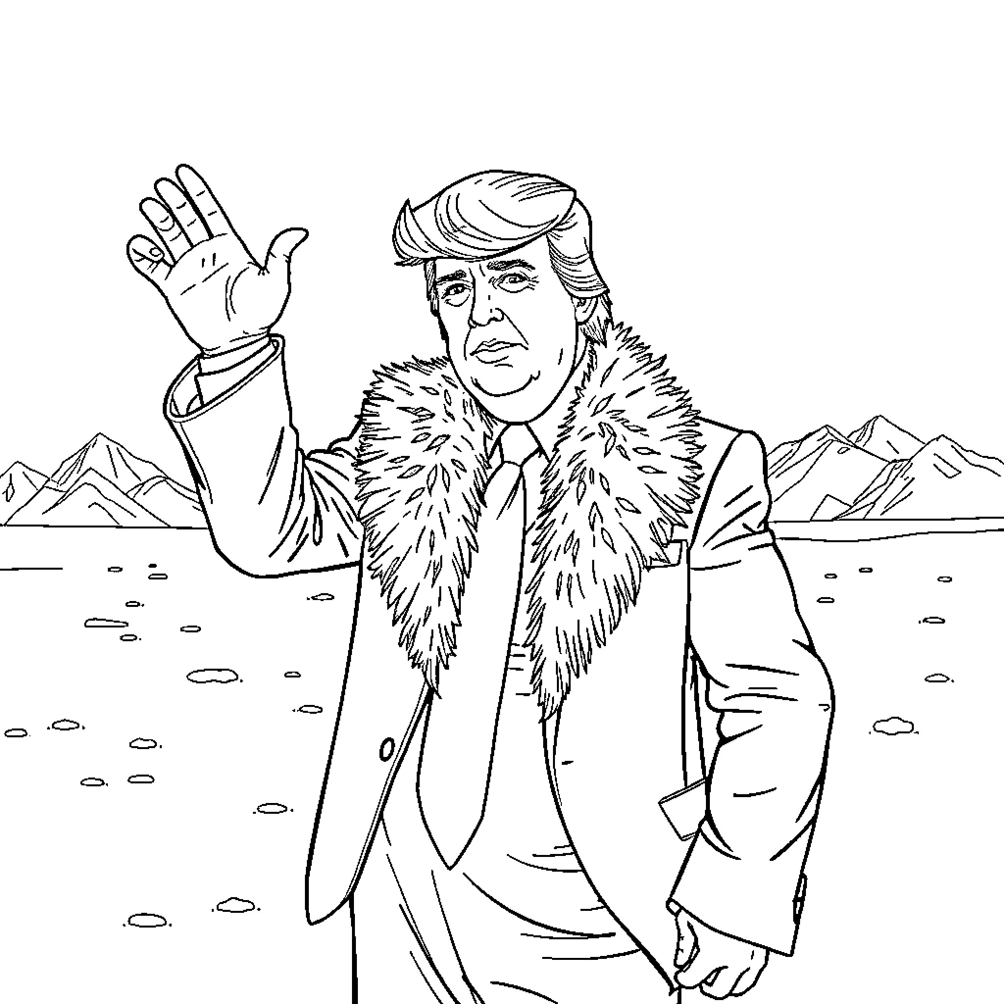 Donald Trump waving in a snowy mountain landscape Coloring Page (free black-and-white line drawing printable PDF for all, from beginners to advanced learners, including children, teens, adults, and seniors)