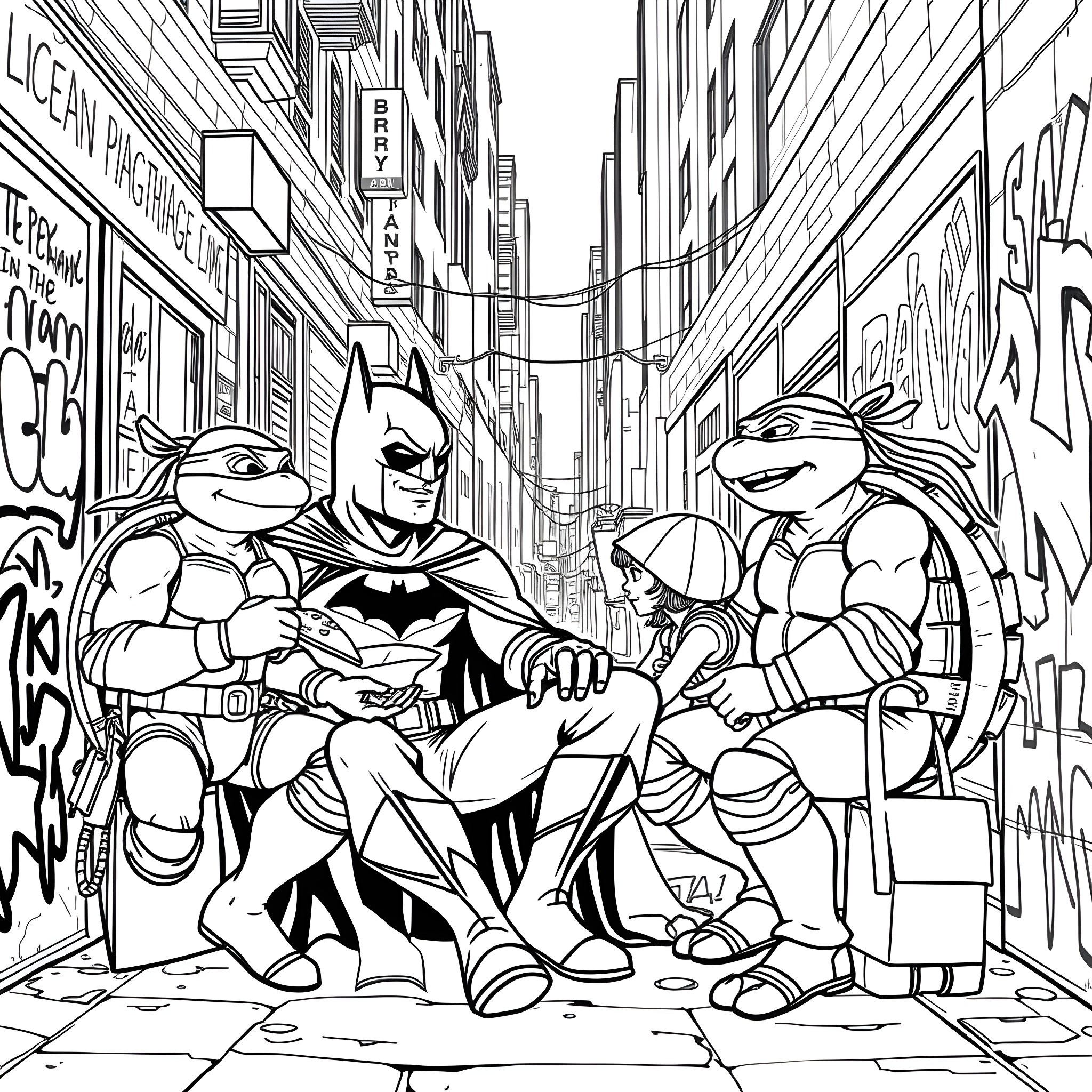 Batman and the Teenage Mutant Ninja Turtles in an urban alley Coloring Page (free black-and-white line drawing printable PDF for all, from beginners to advanced learners, including children, teens, adults, and seniors)