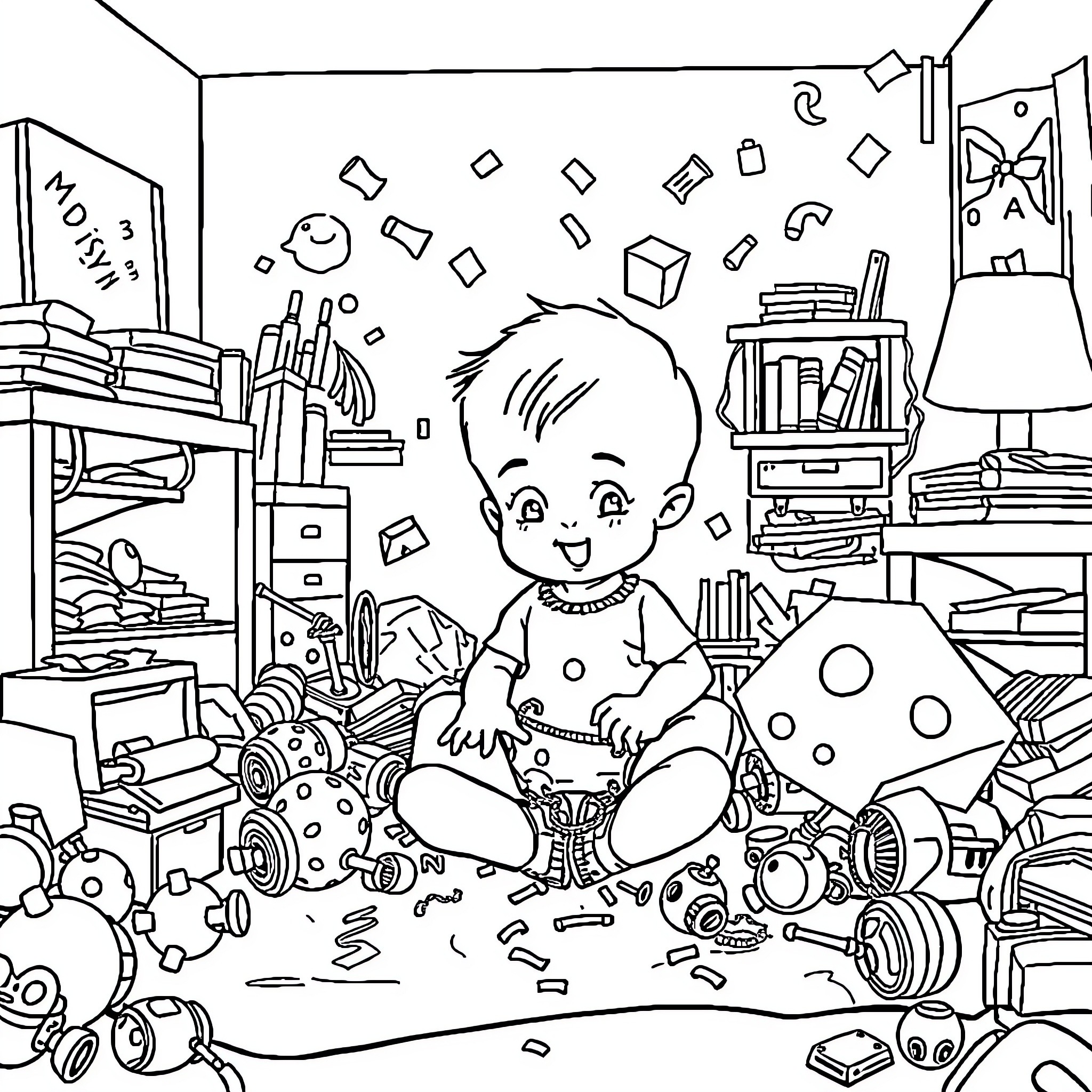 Baby playing with toys in messy room Coloring Page (free black-and-white line drawing printable PDF for all, from beginners to advanced learners, including children, teens, adults, and seniors)