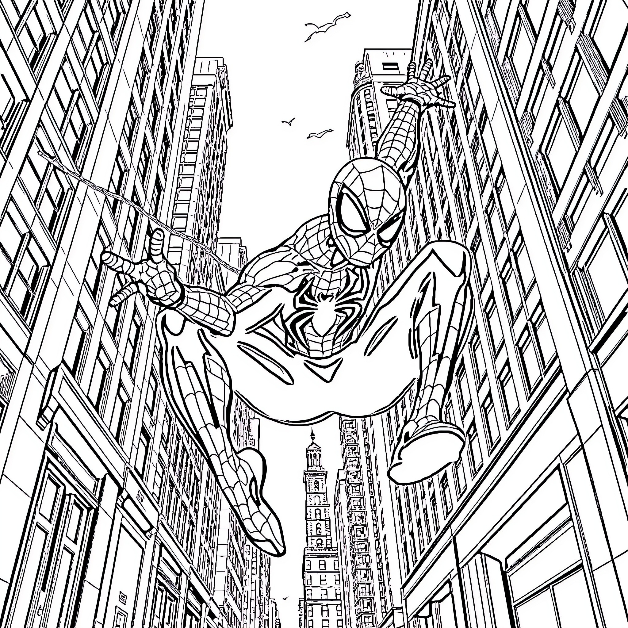 Spiderman swinging through the city skyline Coloring Page (free black-and-white line drawing printable PDF for all, from beginners to advanced learners, including children, teens, adults, and seniors)
