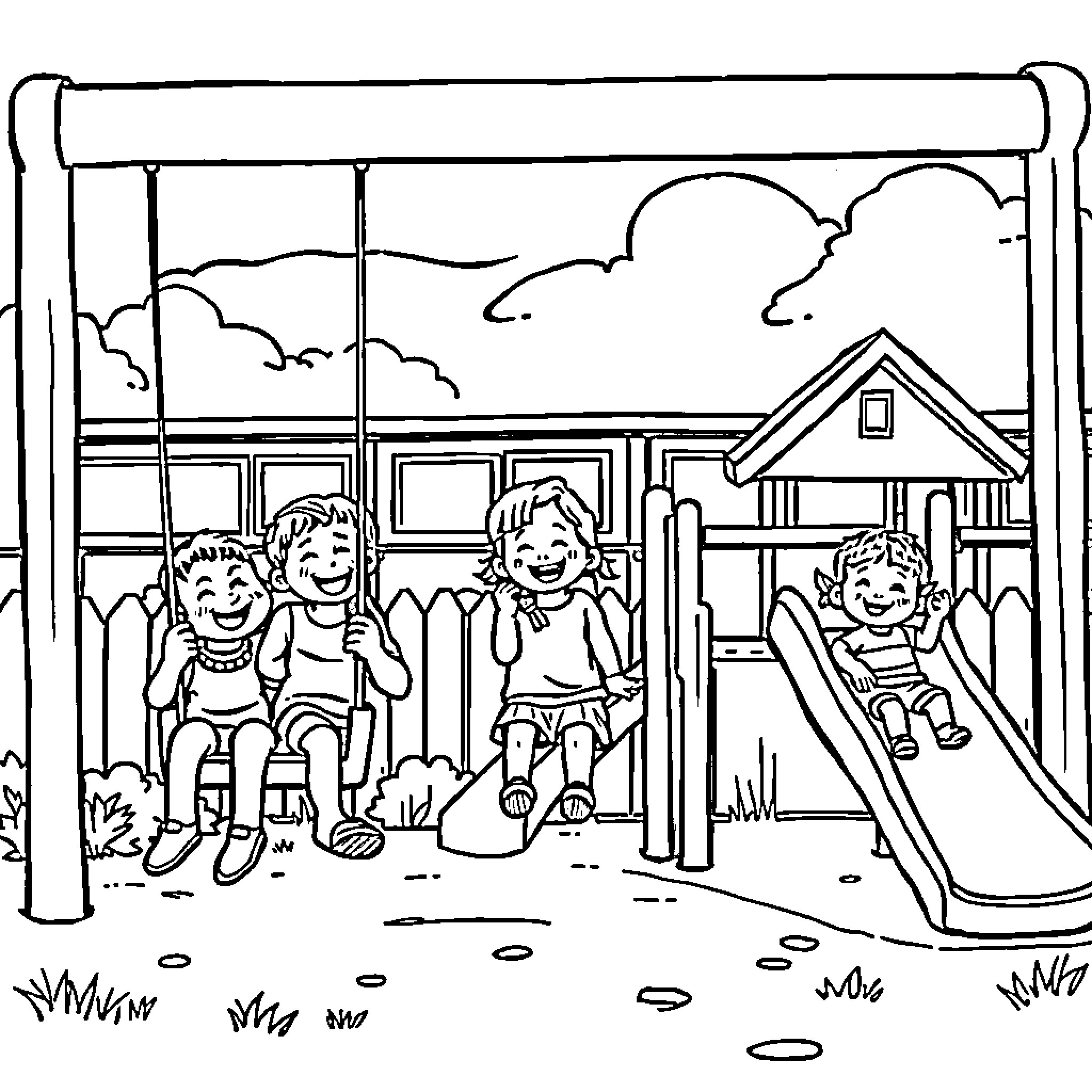 Child friends playing at playground Coloring Page (free black-and-white line drawing printable PDF for all, from beginners to advanced learners, including children, teens, adults, and seniors)