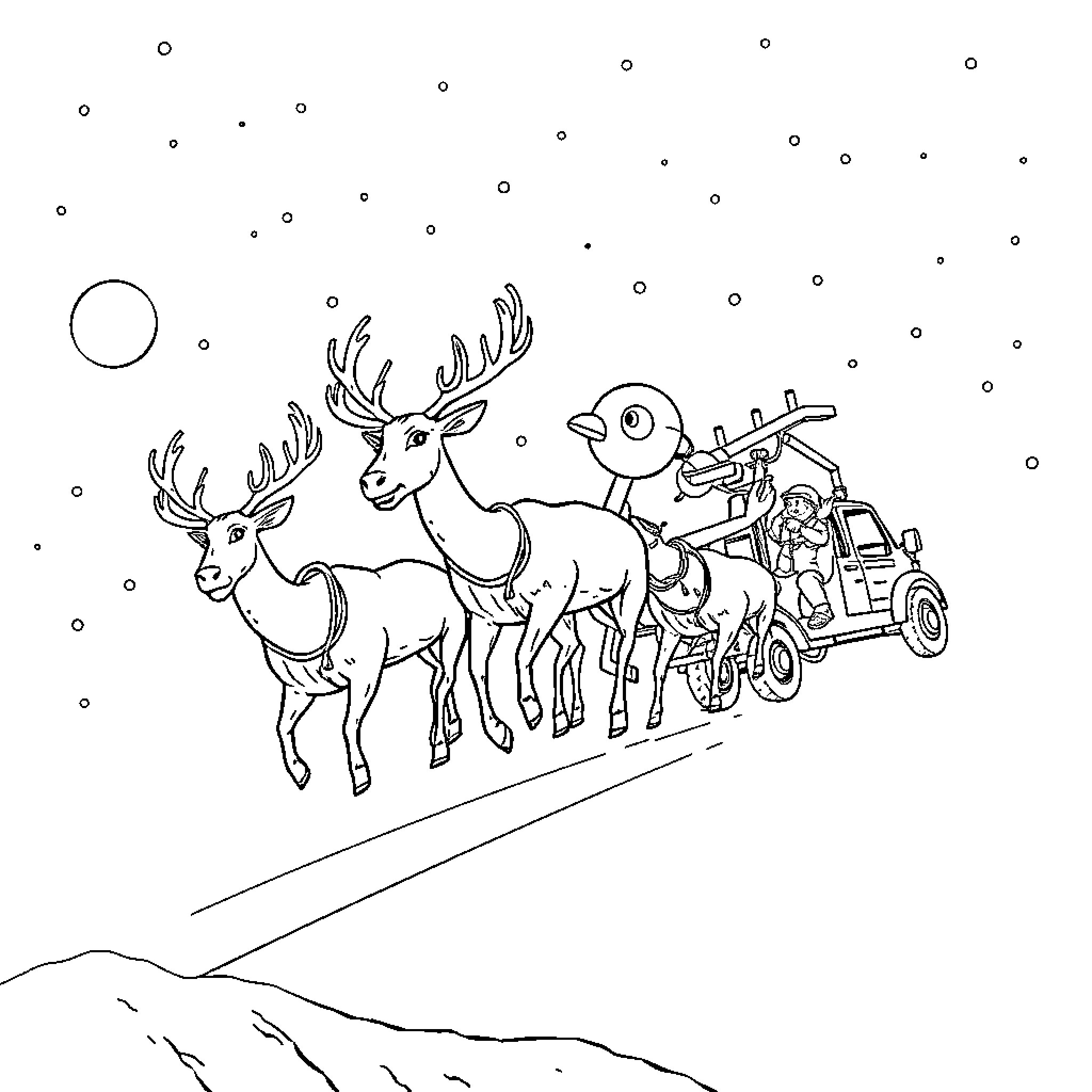 Reindeer pulling Santa's sleigh on a snowy night Coloring Page (free black-and-white line drawing printable PDF for all, from beginners to advanced learners, including children, teens, adults, and seniors)