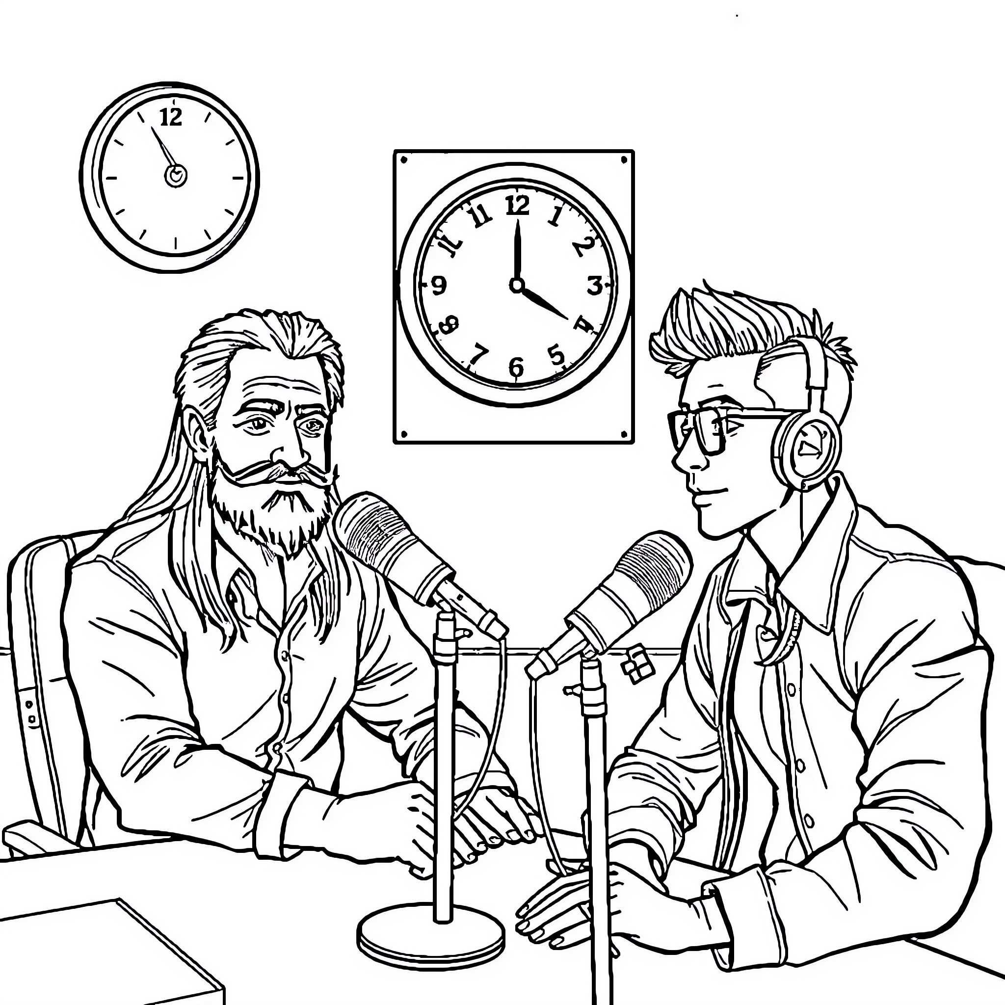 Locutor: Speakers Engaged in Dialogue Coloring Page (free black-and-white line drawing printable PDF for all, from beginners to advanced learners, including children, teens, adults, and seniors)