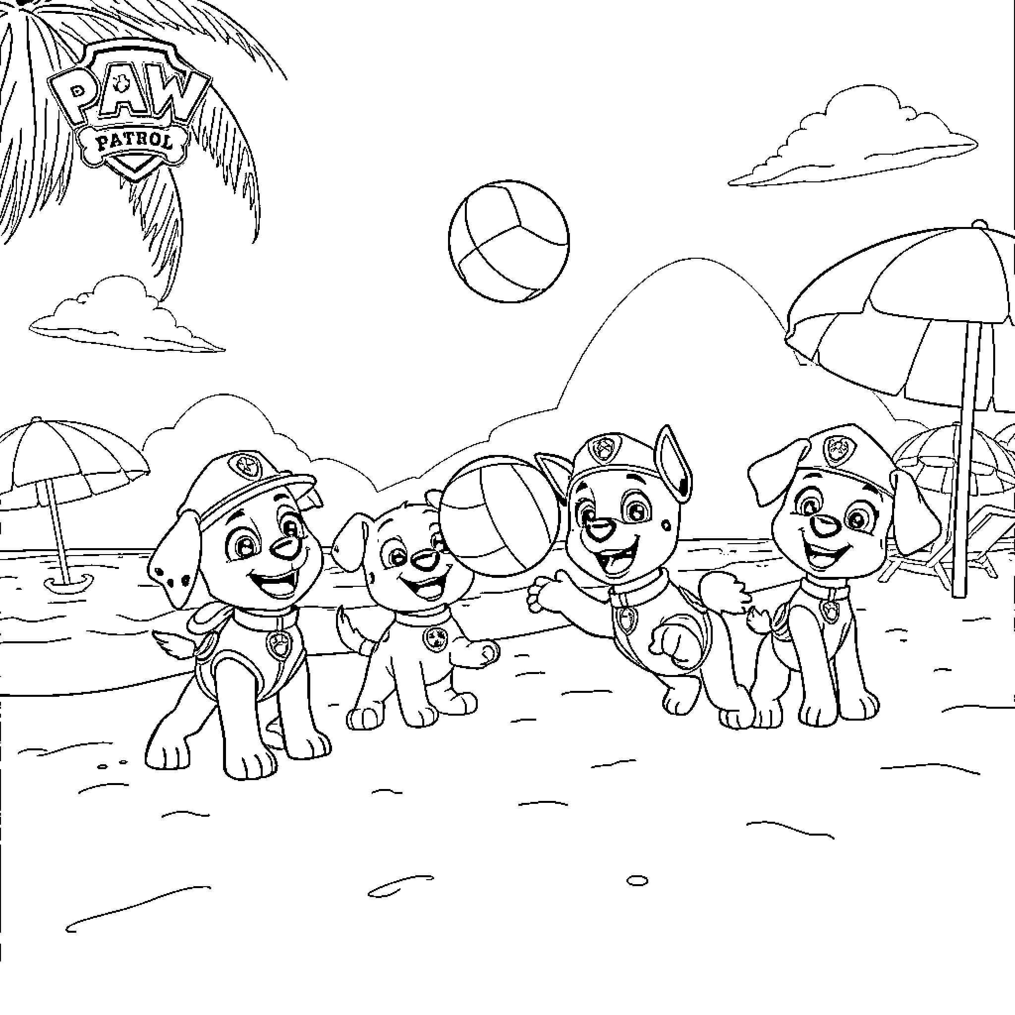 Paw Patrol Pups Playing at the Beach Coloring Page (free black-and-white line drawing printable PDF for all, from beginners to advanced learners, including children, teens, adults, and seniors)