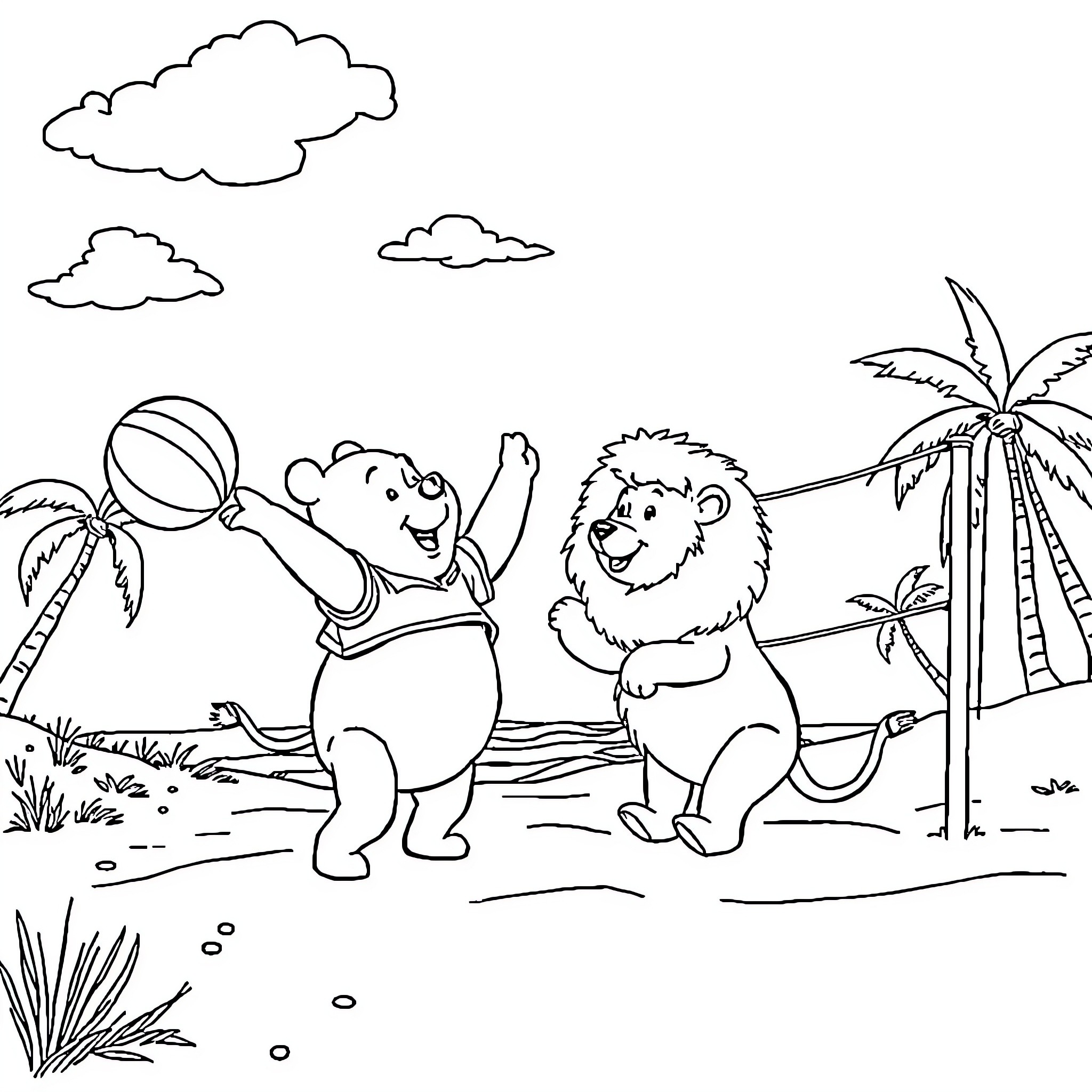 Winnie The Pooh and Piglet playing at the beach Coloring Page (free black-and-white line drawing printable PDF for all, from beginners to advanced learners, including children, teens, adults, and seniors)