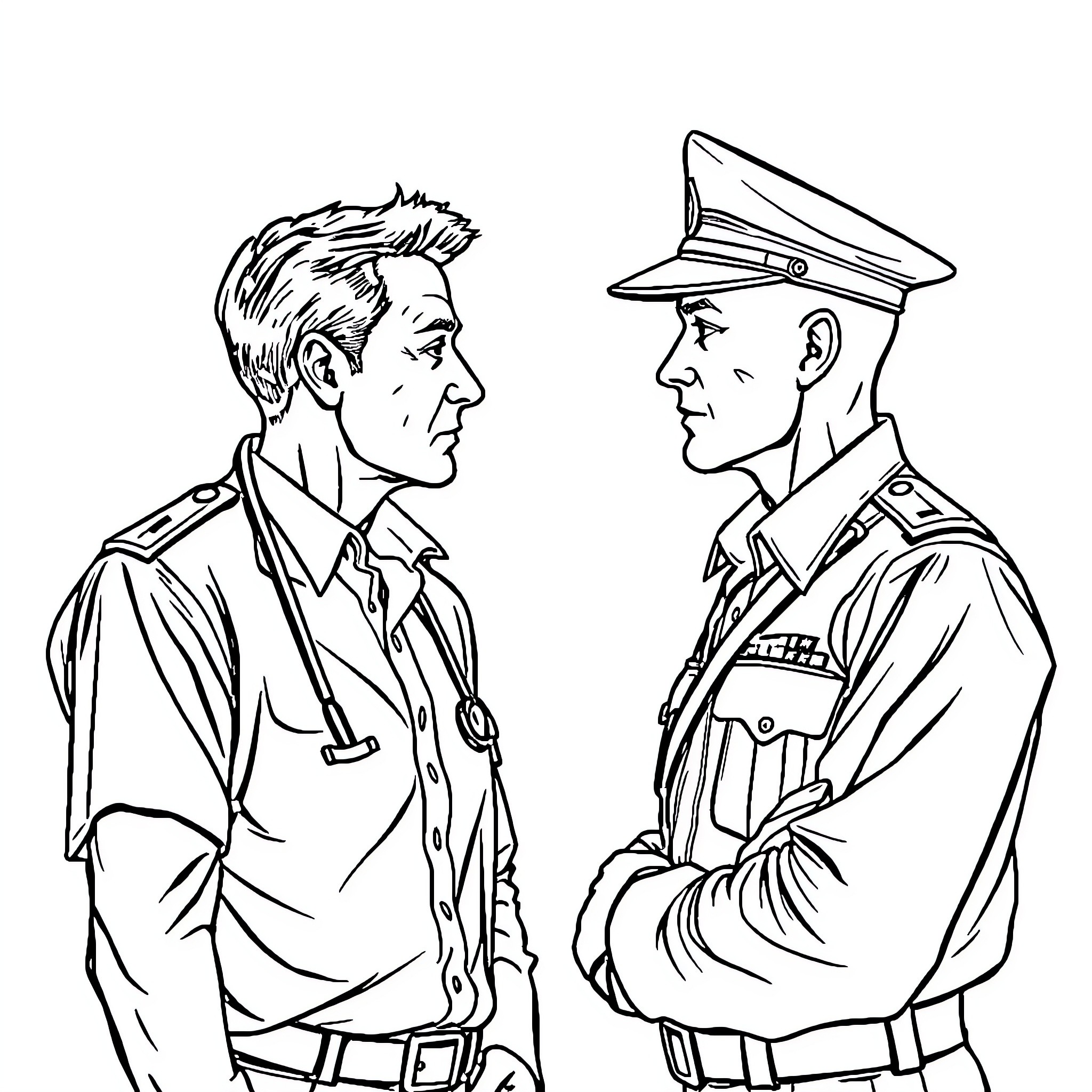 Médecin et officier discutant des soins de santé Coloring Page (free black-and-white line drawing printable PDF for all, from beginners to advanced learners, including children, teens, adults, and seniors)