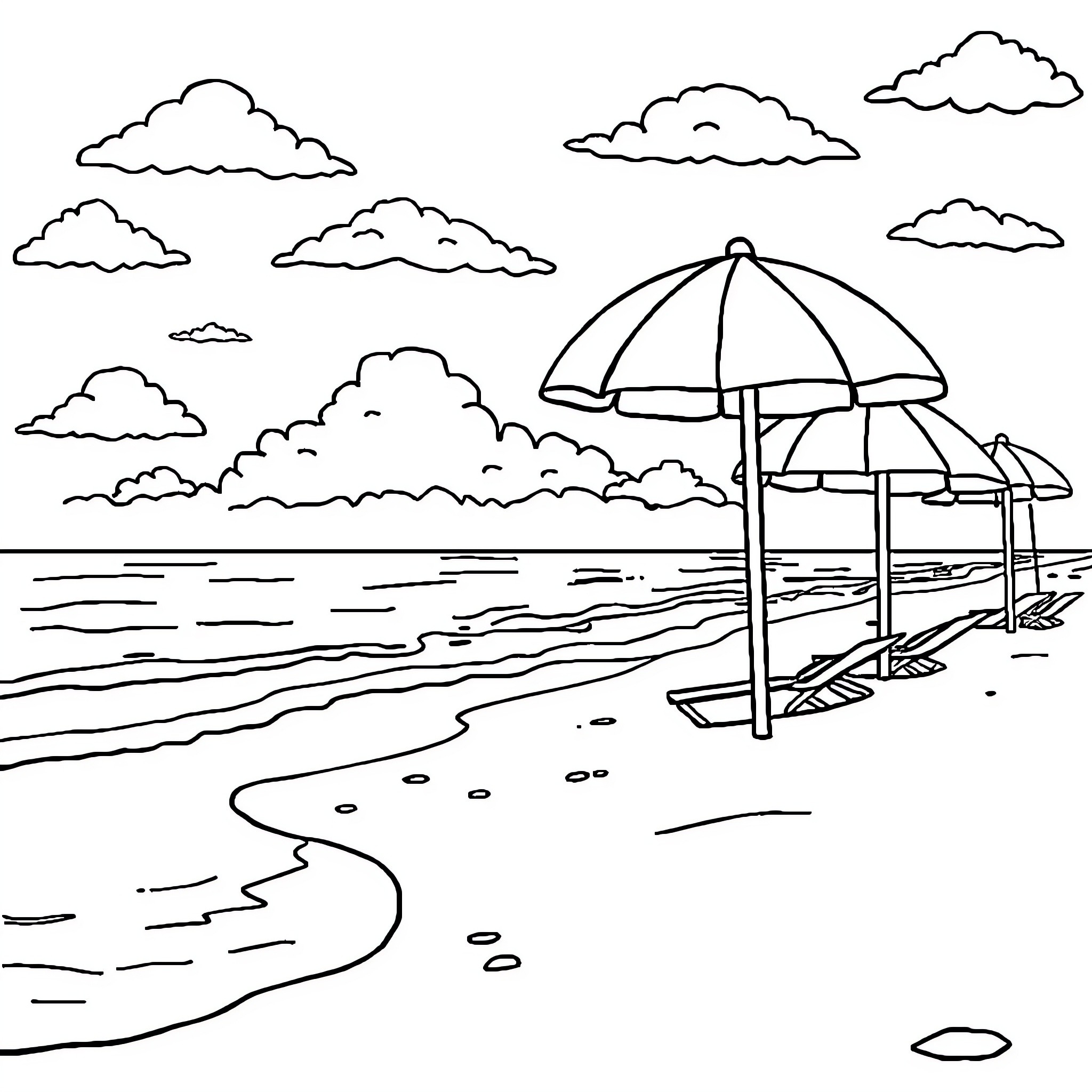 Beach scene with umbrellas and clouds Coloring Page (free black-and-white line drawing printable PDF for all, from beginners to advanced learners, including children, teens, adults, and seniors)