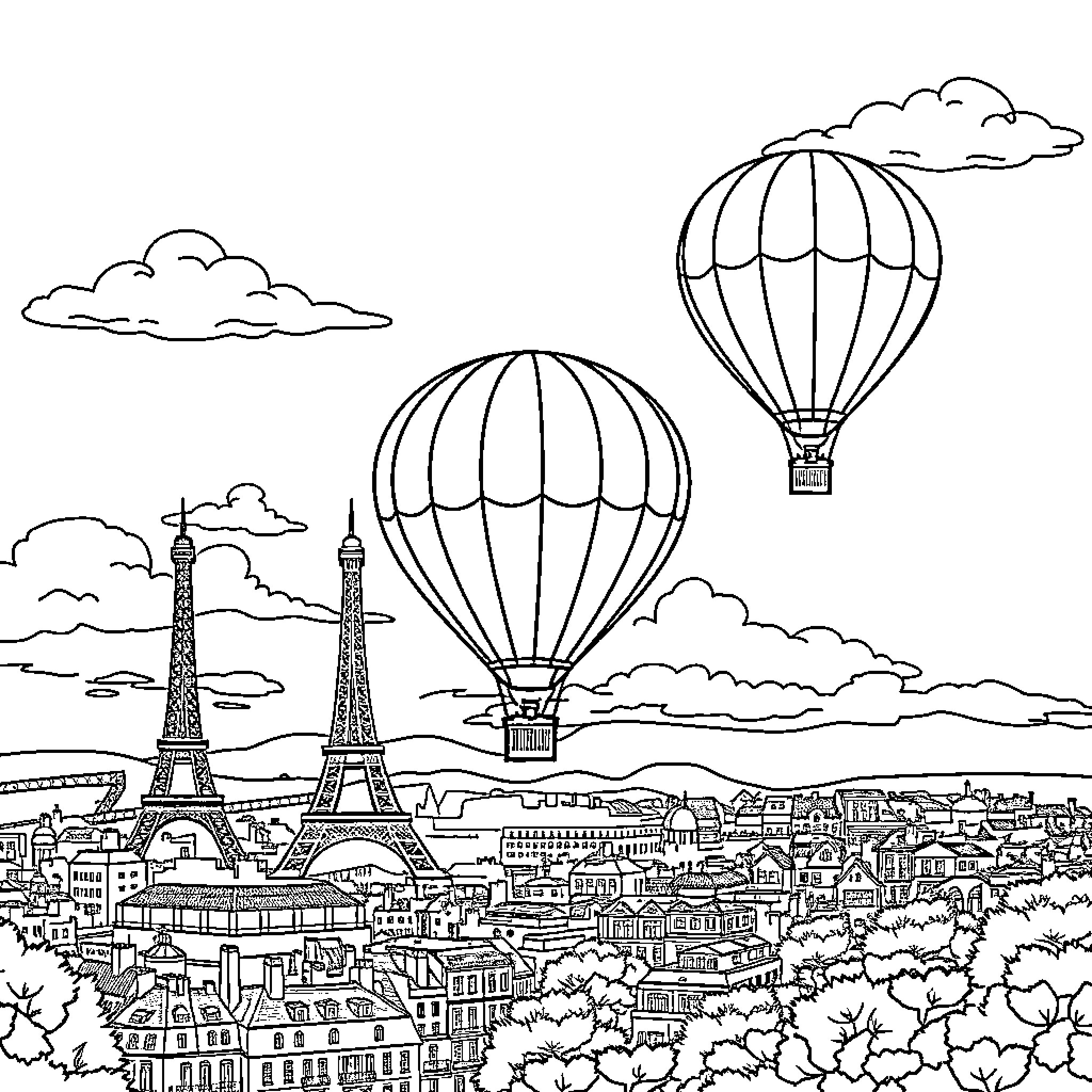 Hot Air Balloons Soaring Over Iconic Parisian Cityscape Coloring Page (free black-and-white line drawing printable PDF for all, from beginners to advanced learners, including children, teens, adults, and seniors)