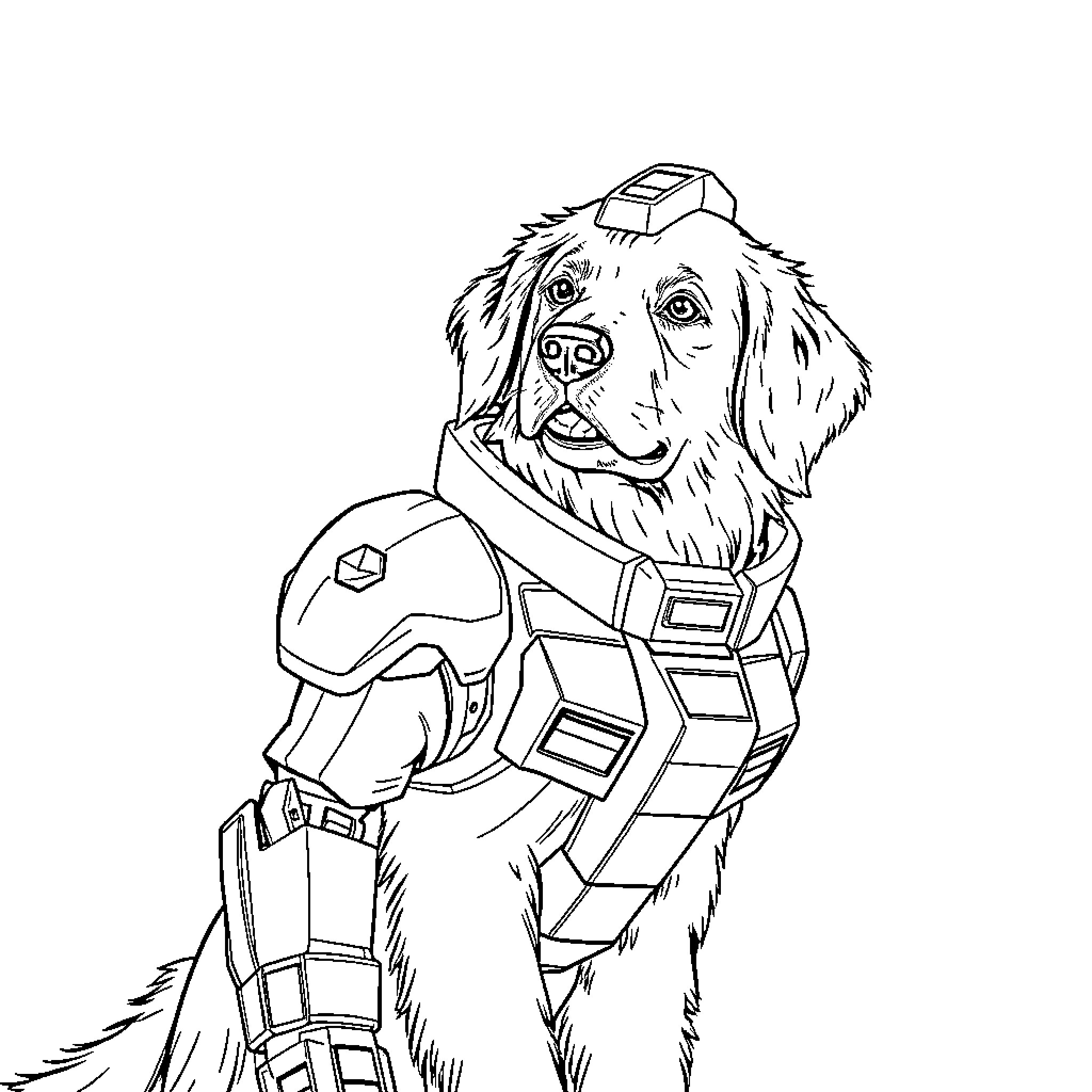 Dog wearing futuristic body armor Coloring Page (free black-and-white line drawing printable PDF for all, from beginners to advanced learners, including children, teens, adults, and seniors)