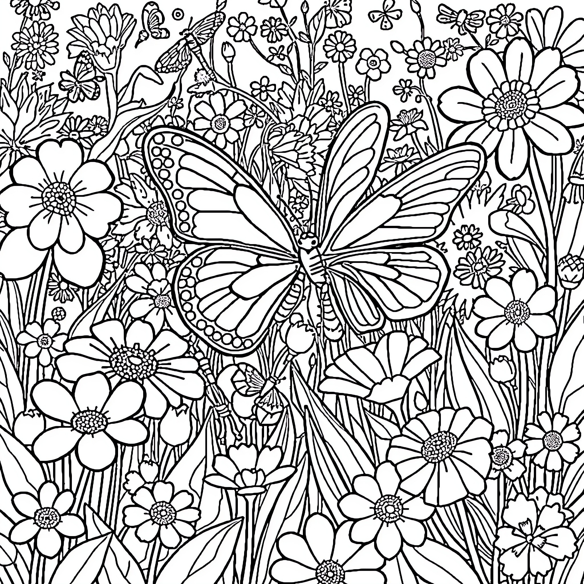 Butterfly amidst a floral garden Coloring Page (free black-and-white line drawing printable PDF for all, from beginners to advanced learners, including children, teens, adults, and seniors)