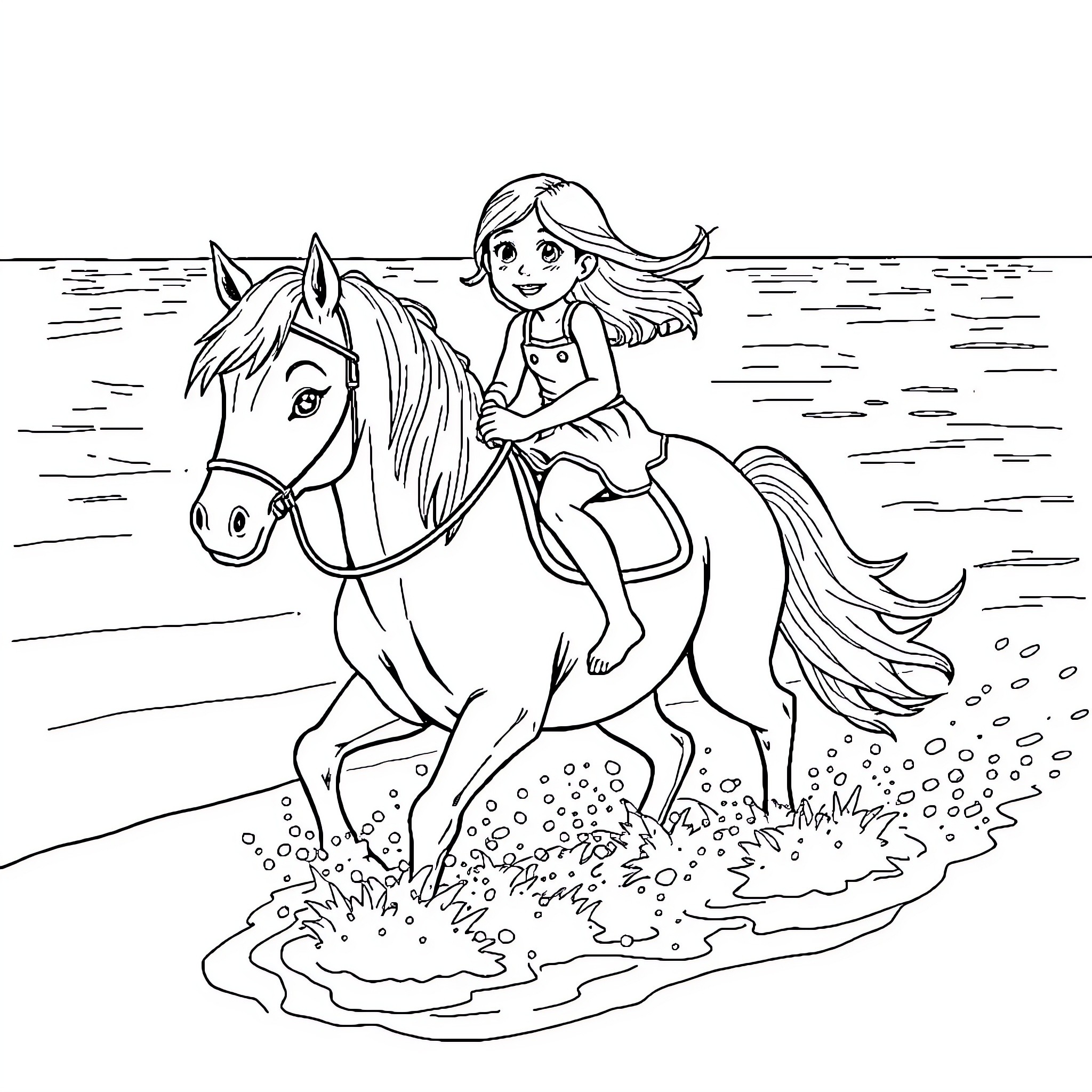 Girl riding a horse on the beach Coloring Page (free black-and-white line drawing printable PDF for all, from beginners to advanced learners, including children, teens, adults, and seniors)