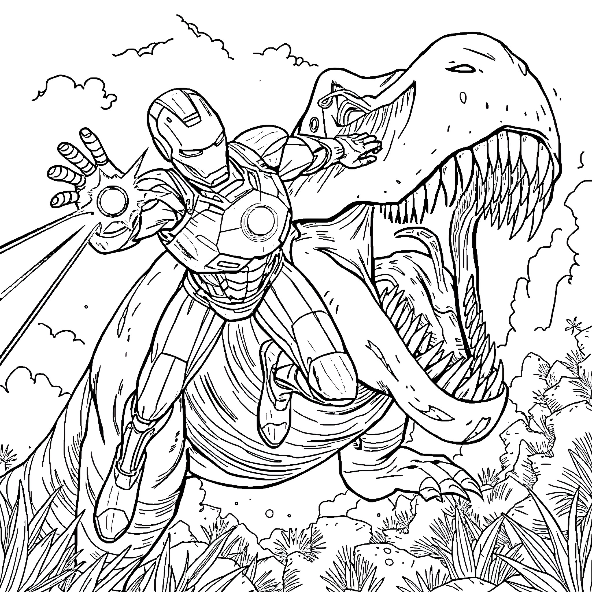 Iron Man battling a ferocious dinosaur Coloring Page (free black-and-white line drawing printable PDF for all, from beginners to advanced learners, including children, teens, adults, and seniors)
