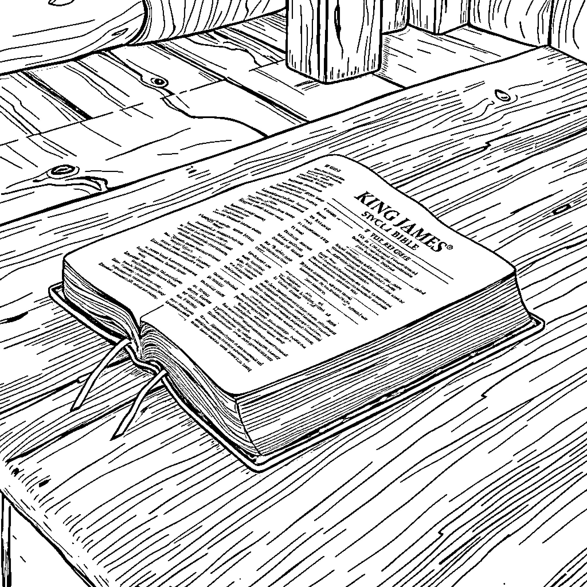 Bible open on wooden table with text Coloring Page (free black-and-white line drawing printable PDF for all, from beginners to advanced learners, including children, teens, adults, and seniors)