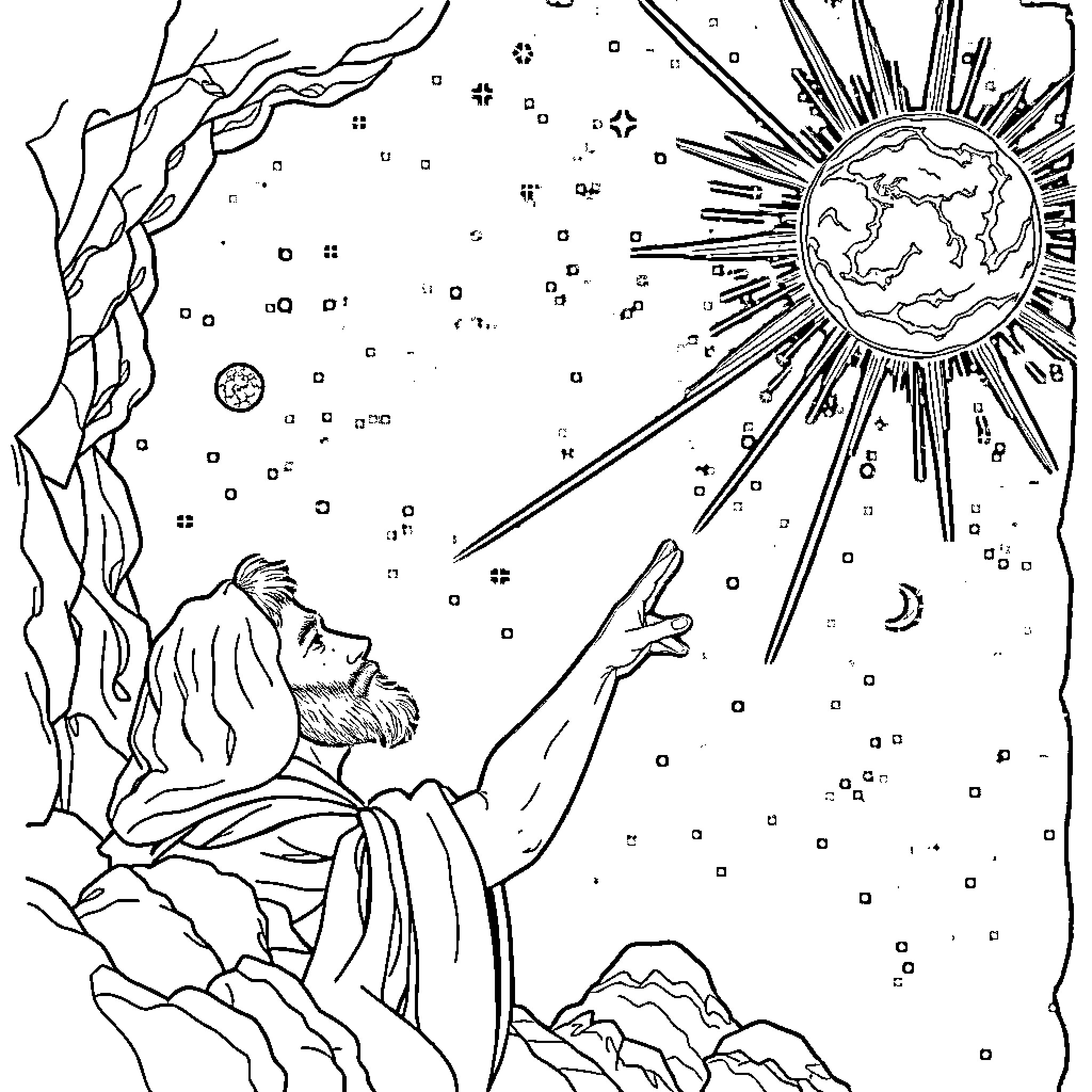 Space Man Gazing at Celestial Wonders Coloring Page (free black-and-white line drawing printable PDF for all, from beginners to advanced learners, including children, teens, adults, and seniors)