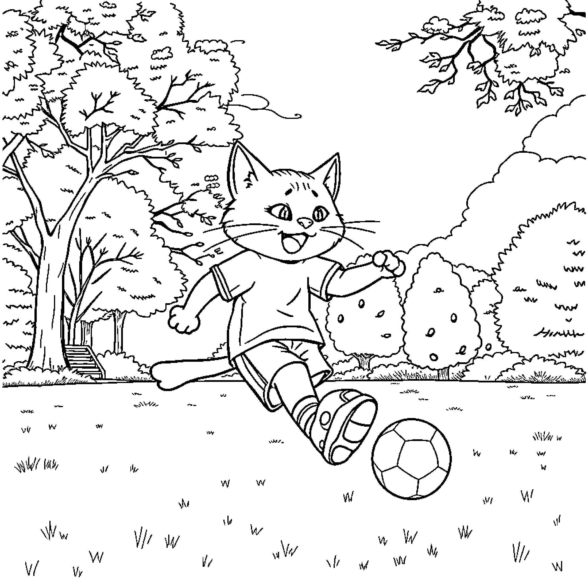 Gabychat enjoys playing with a soccer ball in the park Coloring Page (free black-and-white line drawing printable PDF for all, from beginners to advanced learners, including children, teens, adults, and seniors)