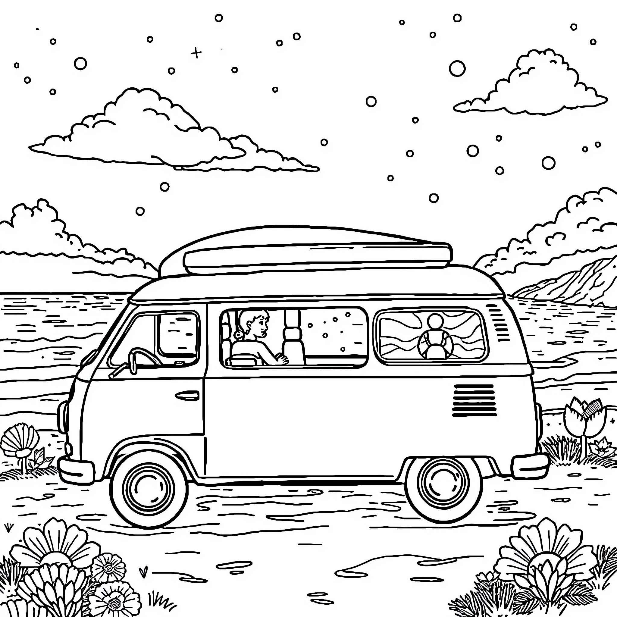 Camper van exploring scenic outdoors Coloring Page (free black-and-white line drawing printable PDF for all, from beginners to advanced learners, including children, teens, adults, and seniors)