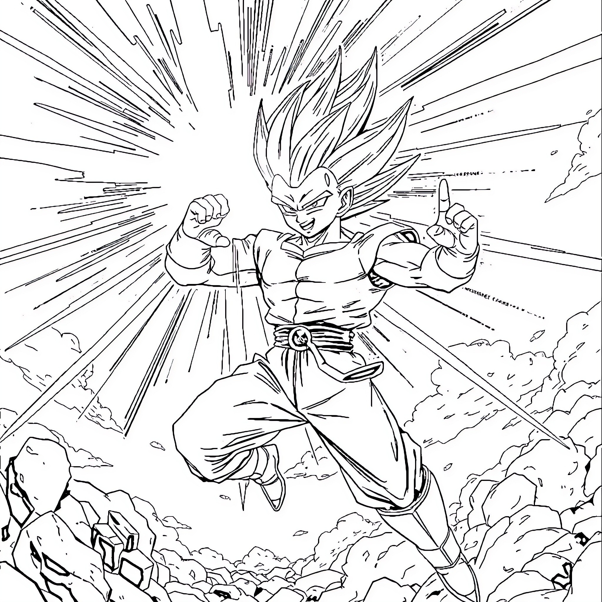 Vegeta, the Mighty Saiyan Warrior in Action Coloring Page (free black-and-white line drawing printable PDF for all, from beginners to advanced learners, including children, teens, adults, and seniors)